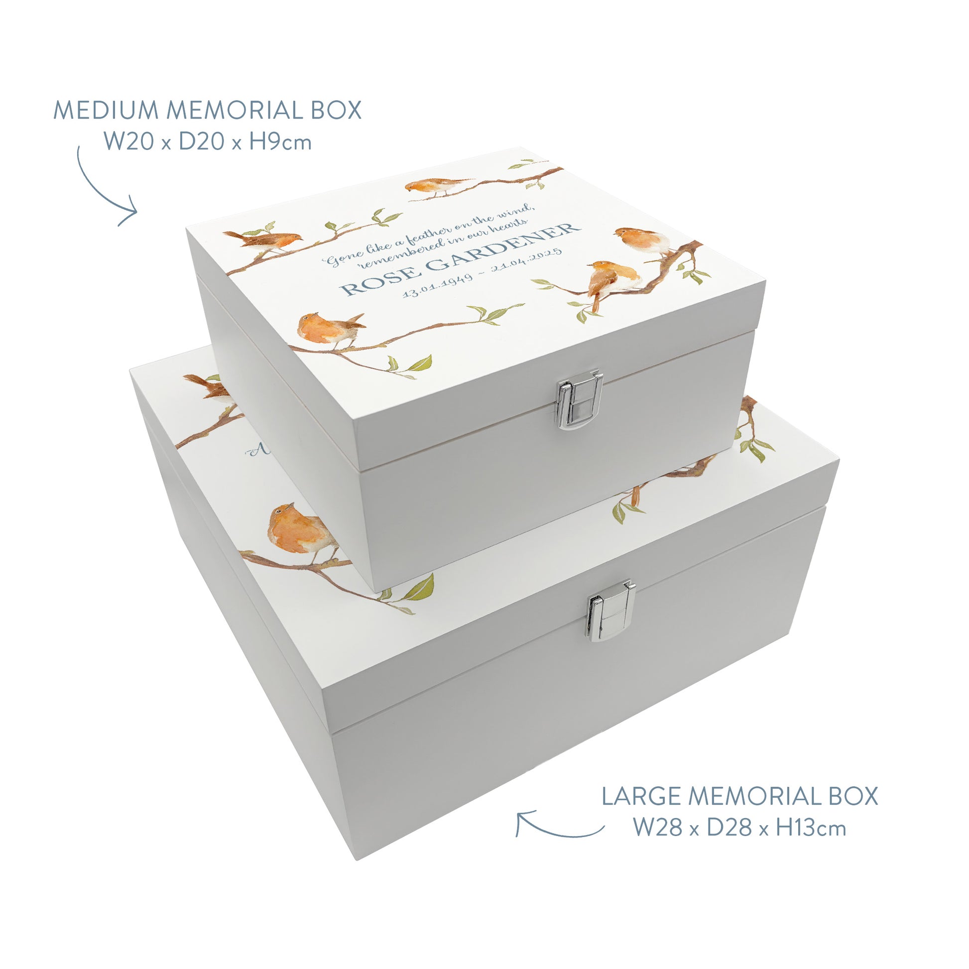 White Square personalised Wooden box with a decorative lid featuring illustrations of Robins on Branches,  Perfect funeral memory keepsake box, for storing ashes, order of service, flowers and capturing your loved ones things in one place