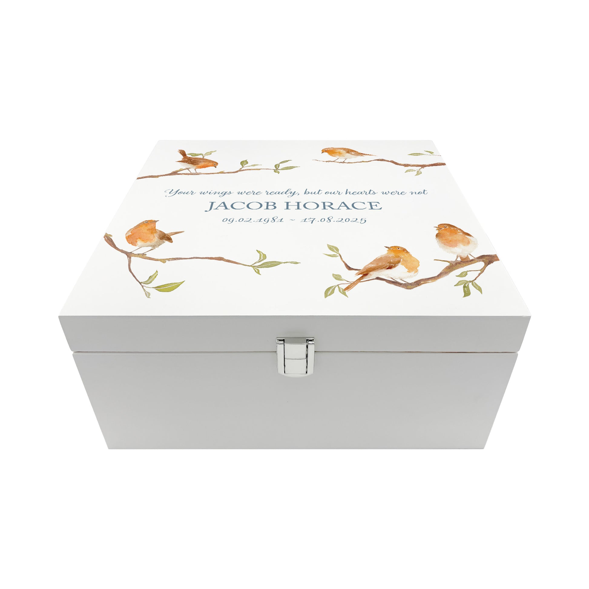 White Square personalised Wooden box with a decorative lid featuring illustrations of Robins on Branches,  Perfect funeral memory keepsake box, for storing ashes, order of service, flowers and capturing your loved ones things in one place