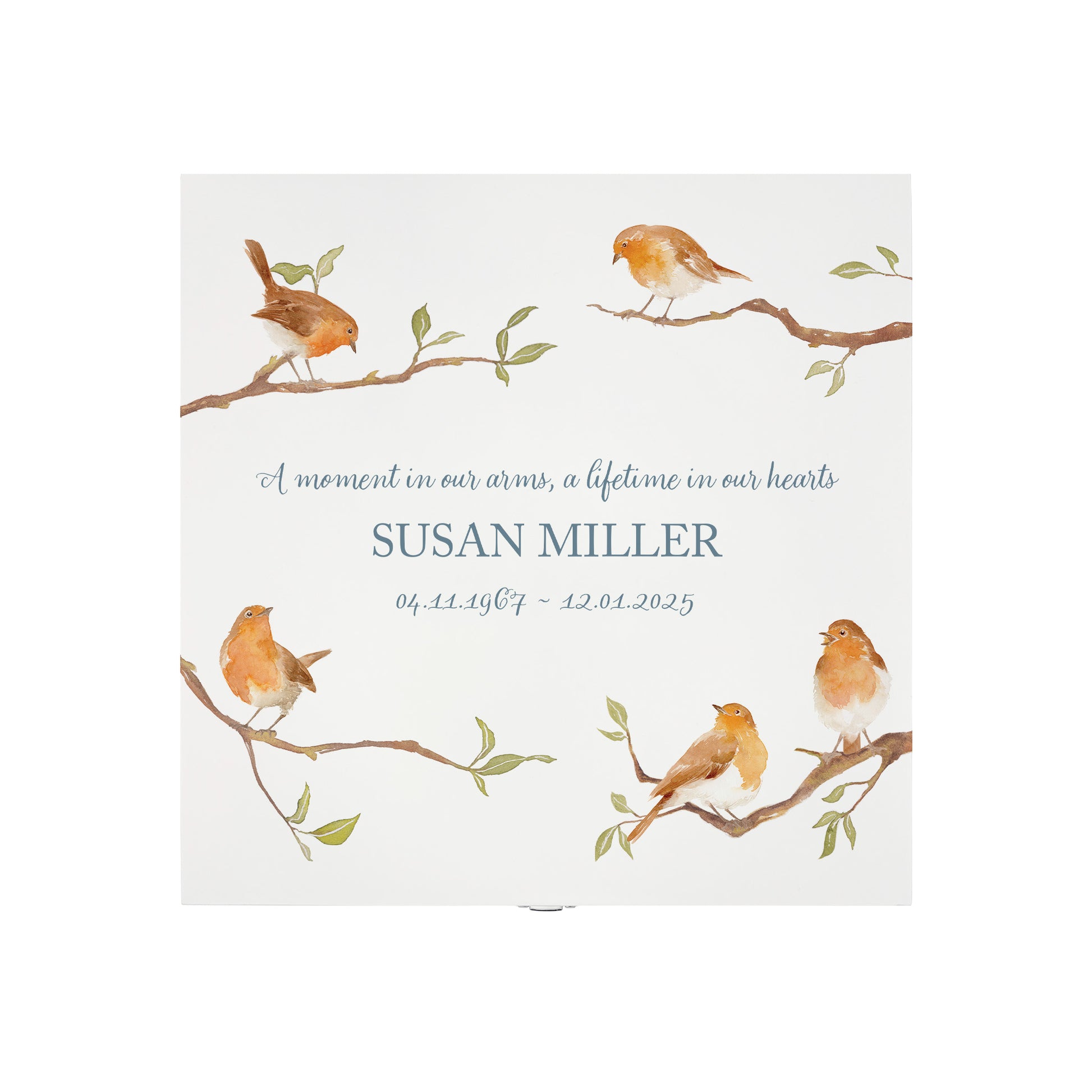 White Square personalised Wooden box with a decorative lid featuring illustrations of Robins on Branches,  Perfect funeral memory keepsake box, for storing ashes, order of service, flowers and capturing your loved ones things in one place