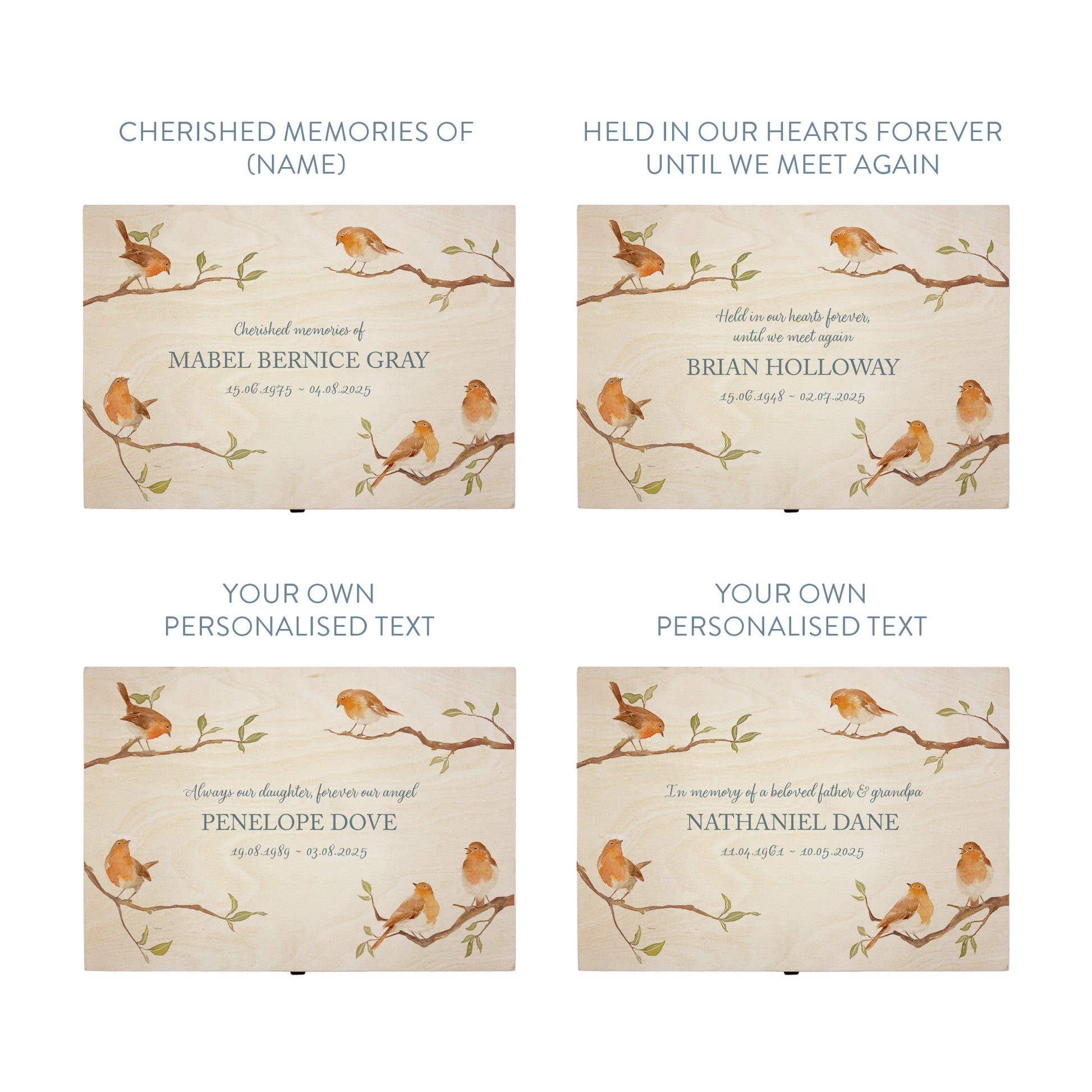 Wooden box with a decorative lid featuring illustrations of Robins on Branches Perfect funeral memory keepsake box, for storing ashes, order of service, flowers, Funeral Box