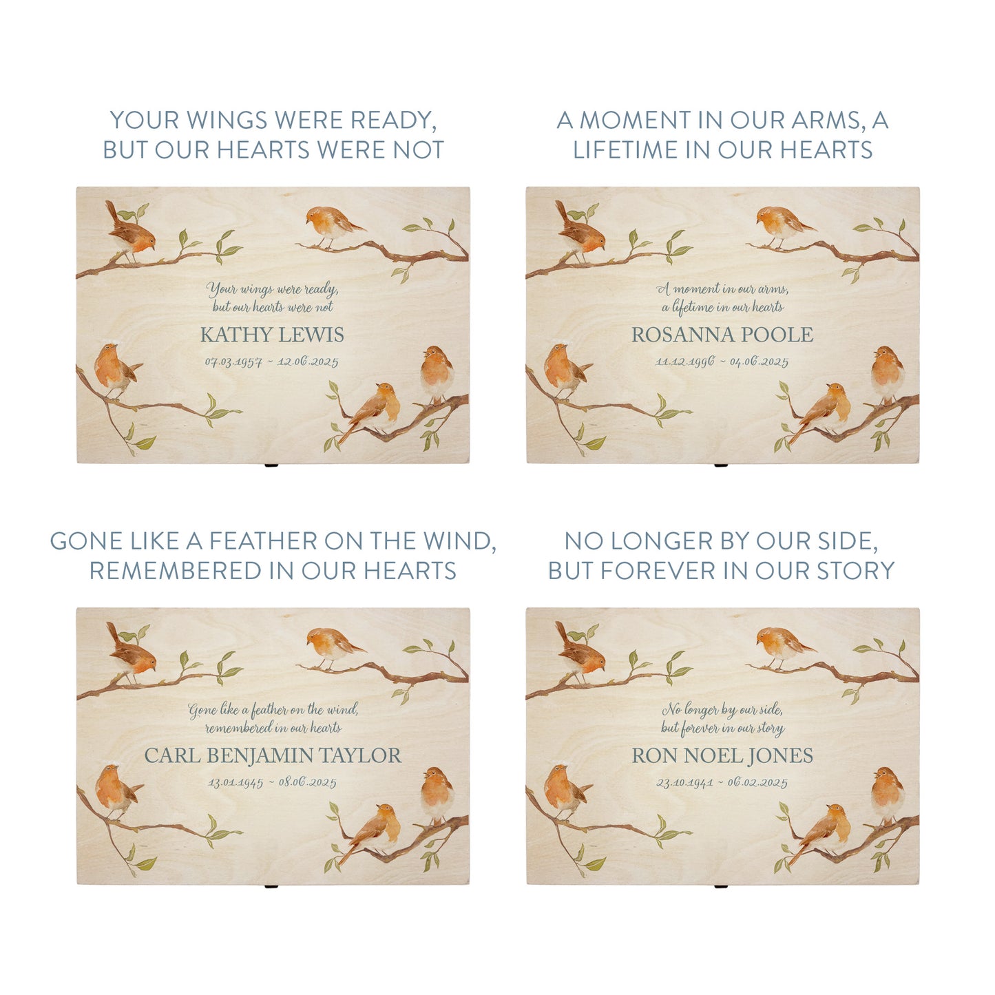 Wooden box with a decorative lid featuring illustrations of Robins on Branches Perfect funeral memory keepsake box, for storing ashes, order of service, flowers, Funeral Box