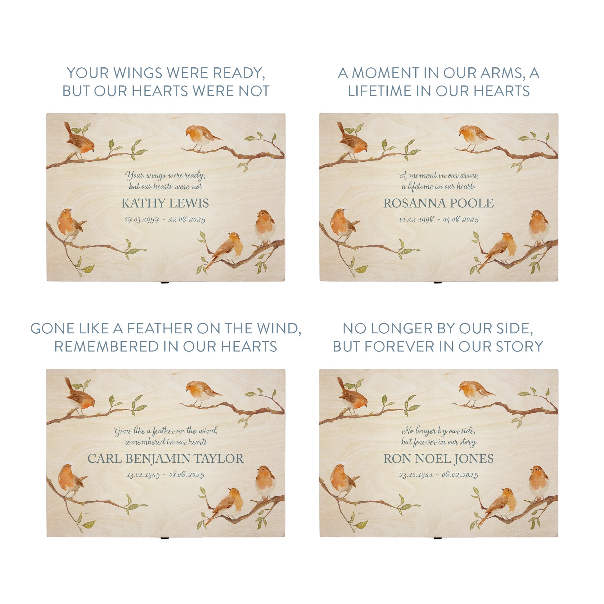 Wooden box with a decorative lid featuring illustrations of Robins on Branches Perfect funeral memory keepsake box, for storing ashes, order of service, flowers, Funeral Box