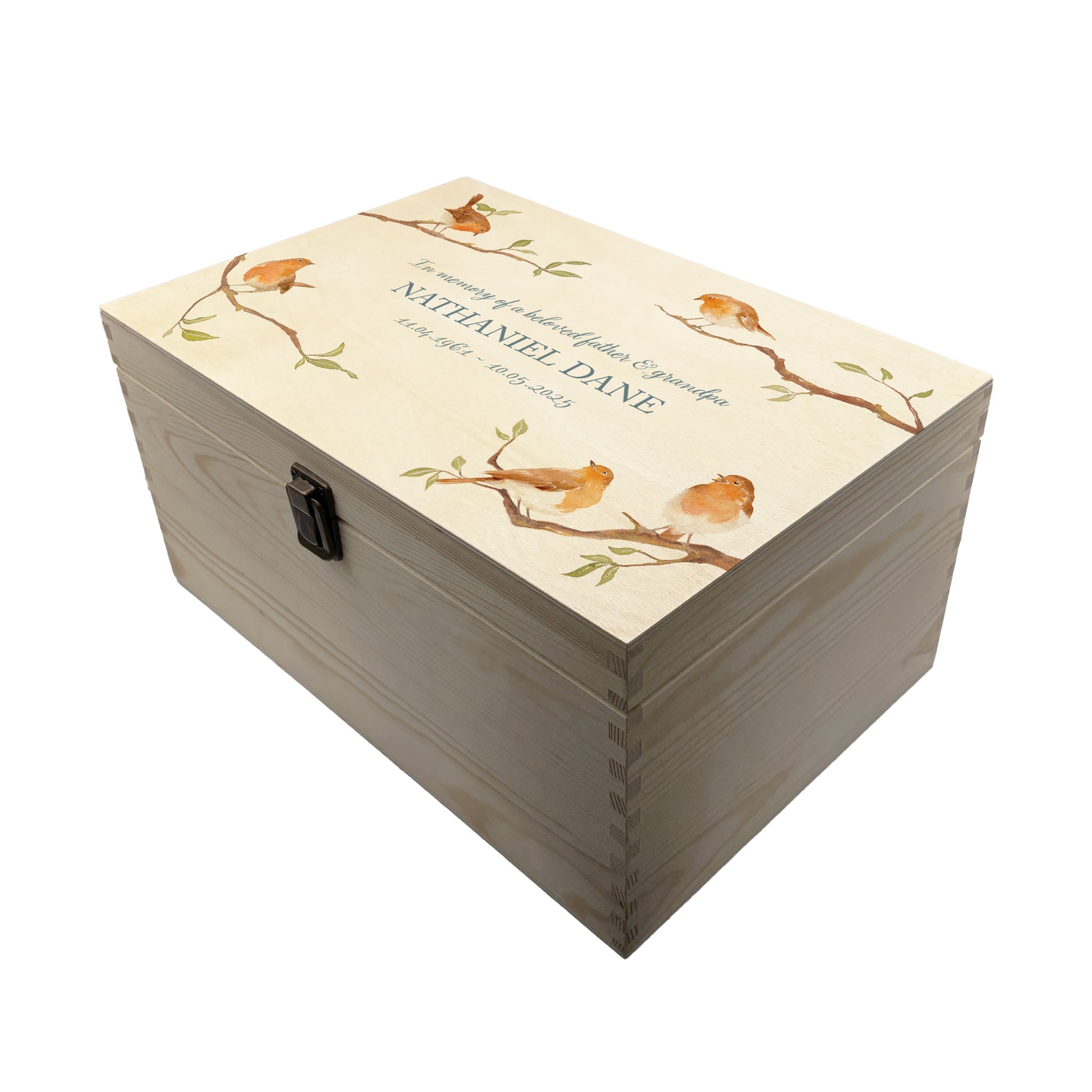 Wooden box with a decorative lid featuring illustrations of Robins on Branches Perfect funeral memory keepsake box, for storing ashes, order of service, flowers.