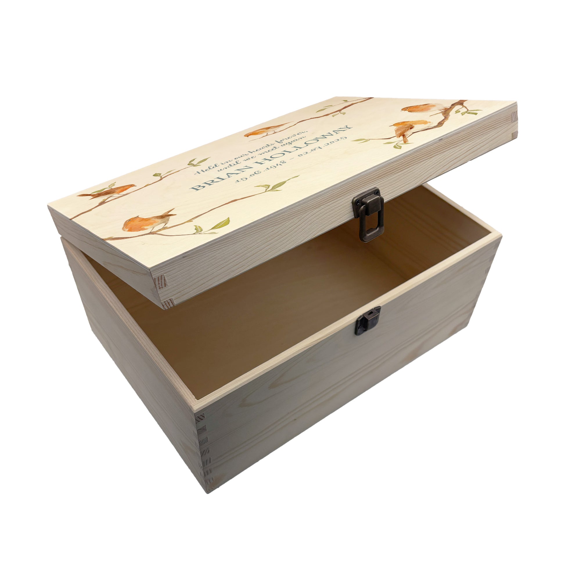 Wooden box with a decorative lid featuring illustrations of Robins on Branches Perfect funeral memory keepsake box, for storing ashes, order of service, flowers.