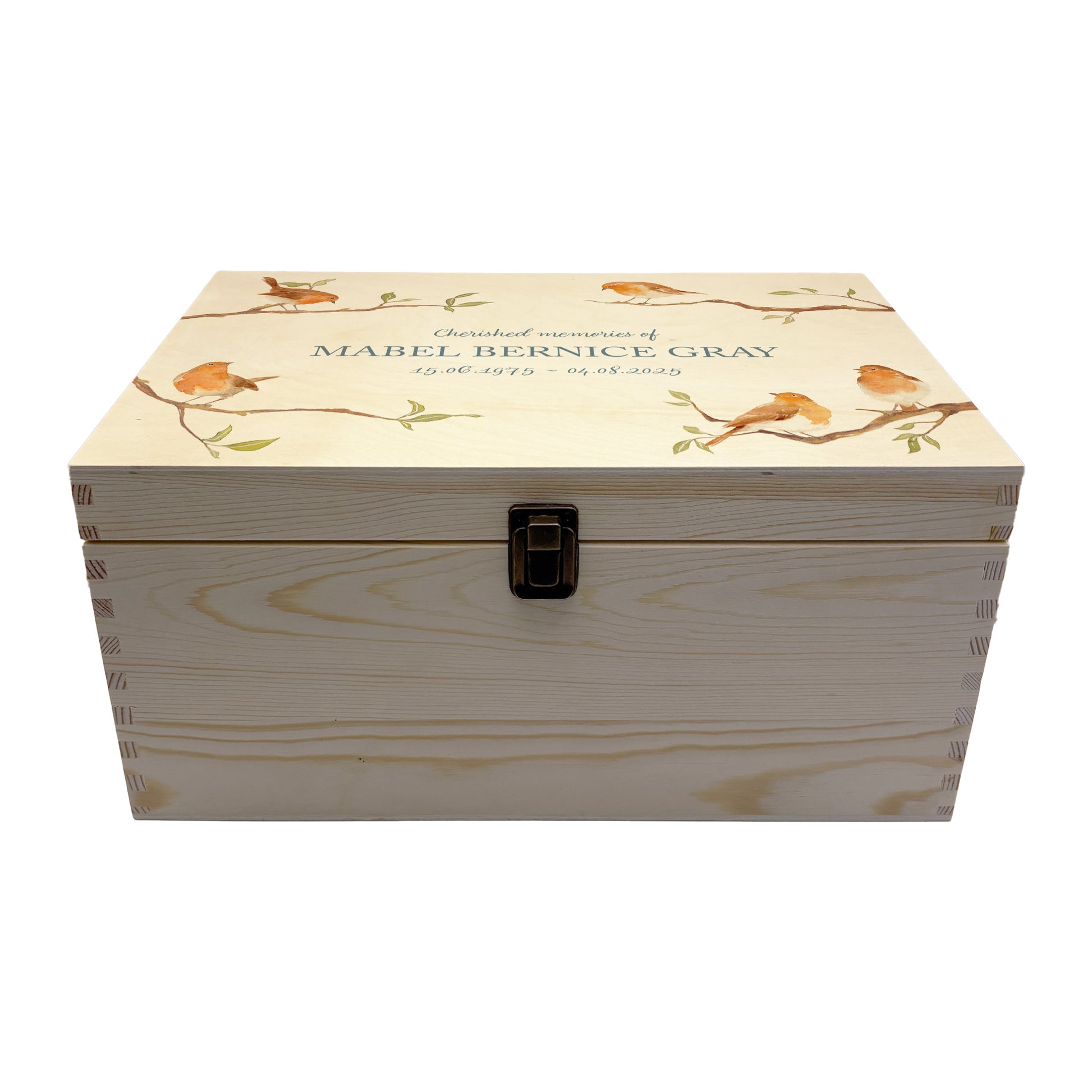 Wooden box with a decorative lid featuring illustrations of Robins on Branches Perfect funeral memory keepsake box, for storing ashes, order of service, flowers, Funeral Box