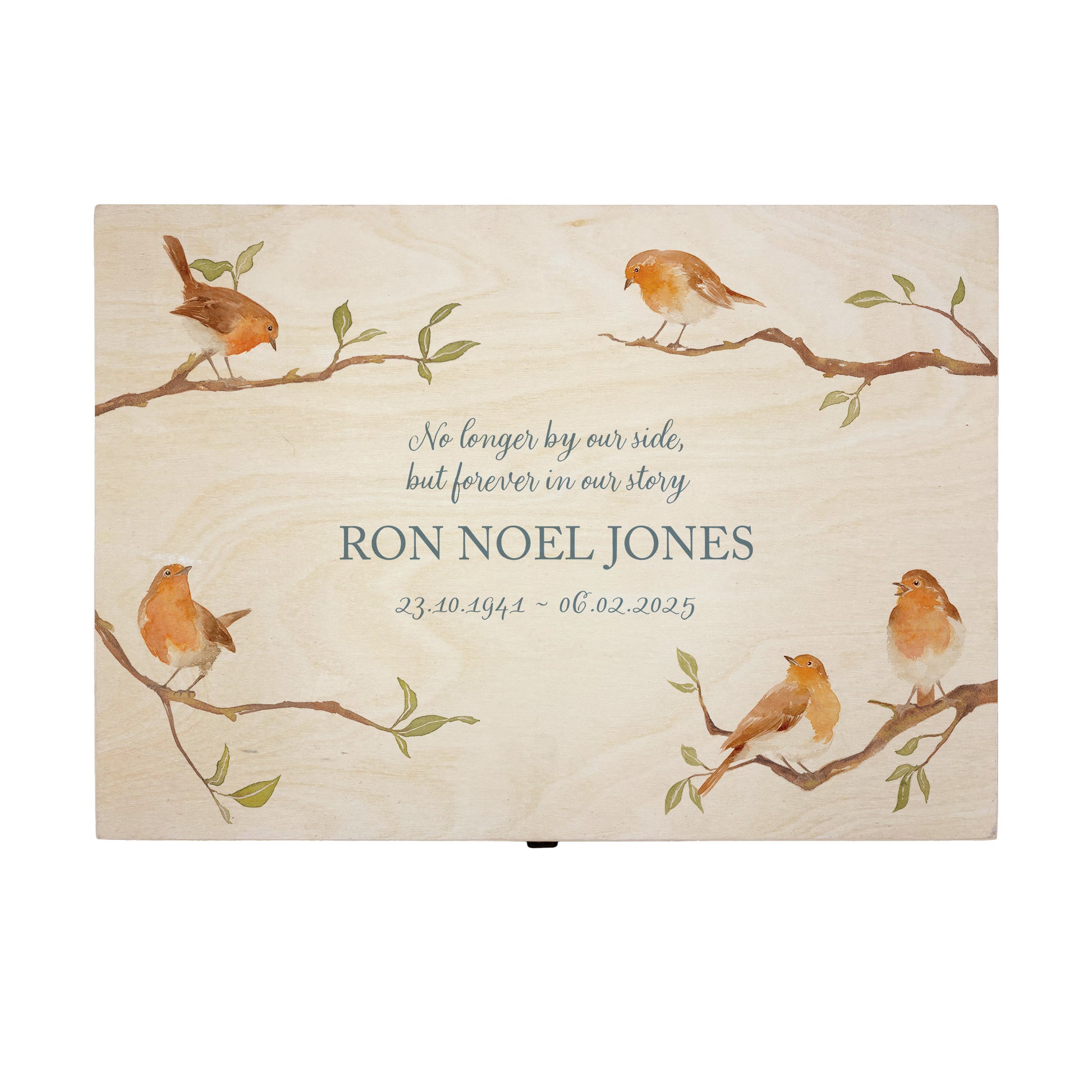 Wooden box with a decorative lid featuring illustrations of Robins on Branches Perfect funeral memory keepsake box, for storing ashes, order of service, flowers, Funeral Box