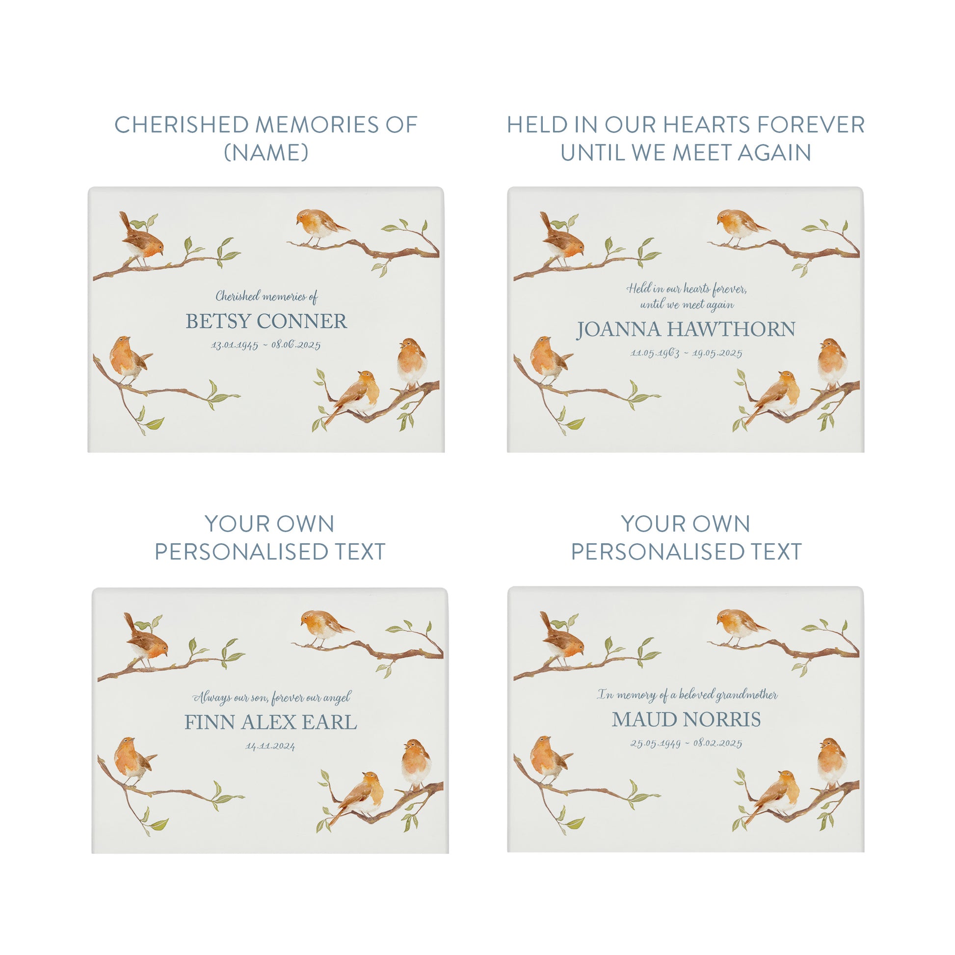 A beautifully crafted solid wooden urn, finished in white with a soft watercolour design of Robins on Branches,  Thoughtfully made for either display or burial, this personalised urn can be customised to create a meaningful memorial. Perfect for holding ashes of a loved one or a beloved pet, it serves as a comforting tribute and keepsake.