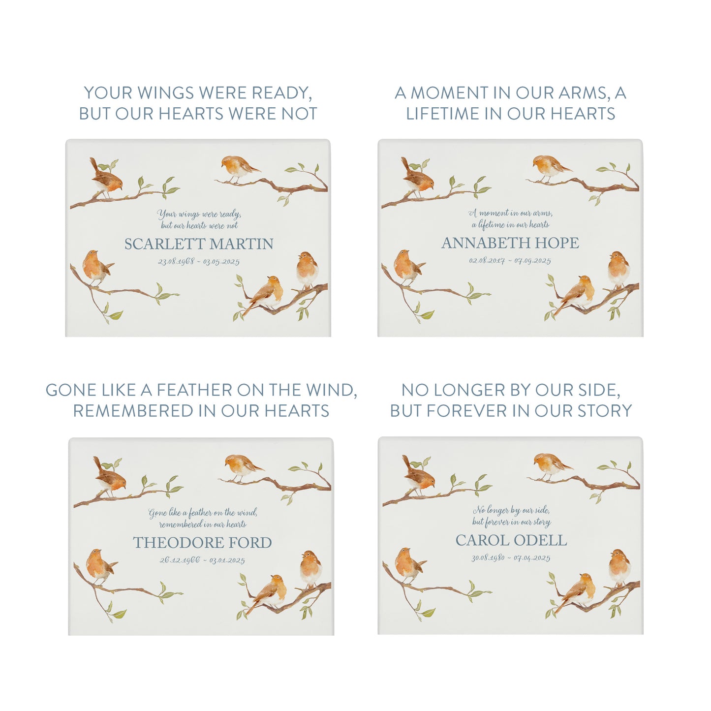 A beautifully crafted solid wooden urn, finished in white with a soft watercolour design of Robins on Branches, Thoughtfully made for either display or burial, this personalised urn can be customised to create a meaningful memorial. Perfect for holding ashes of a loved one or a beloved pet, it serves as a comforting tribute and keepsake.