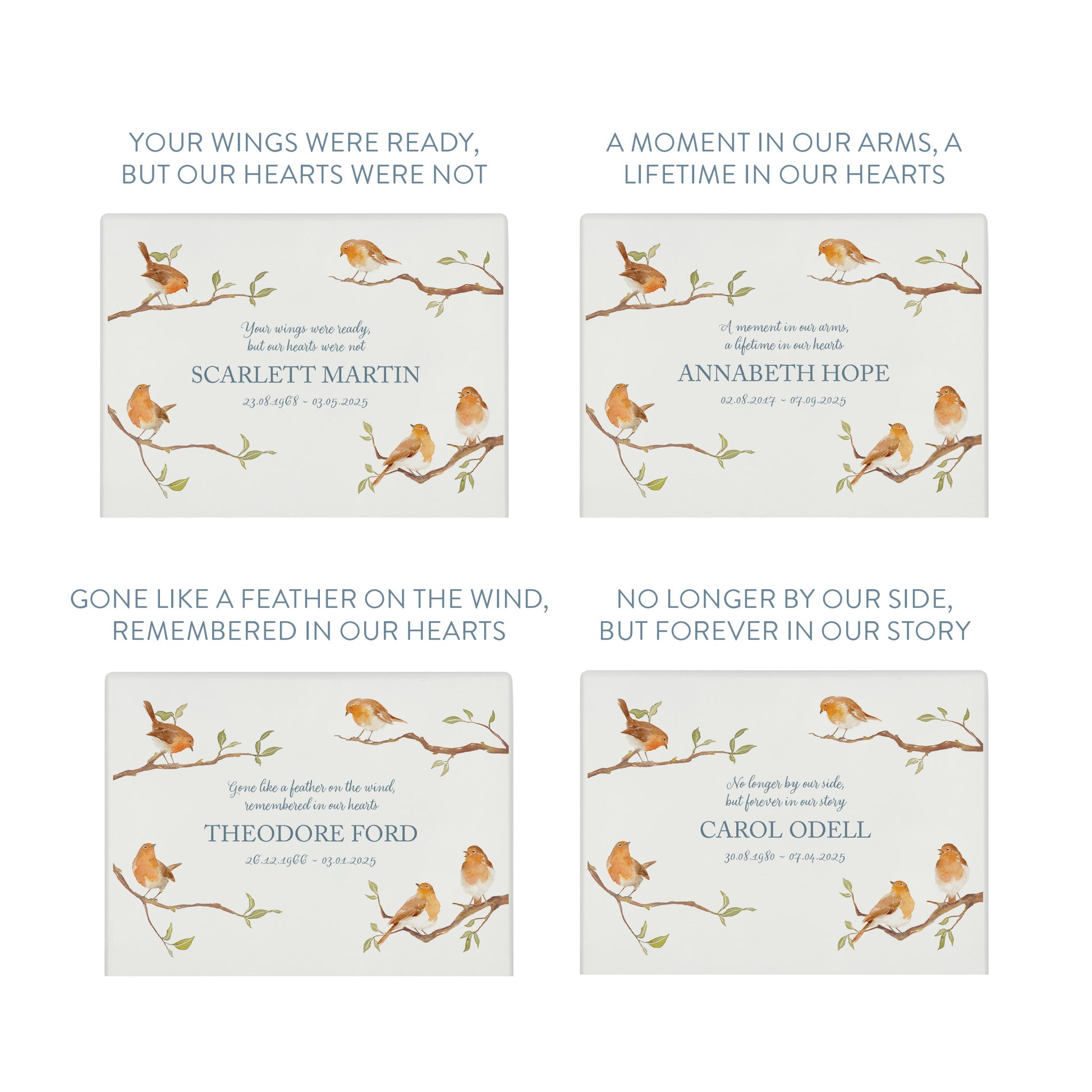 A beautifully crafted solid wooden urn, finished in white with a soft watercolour design of Robins on Branches,  Thoughtfully made for either display or burial, this personalised urn can be customised to create a meaningful memorial. Perfect for holding ashes of a loved one or a beloved pet, it serves as a comforting tribute and keepsake.