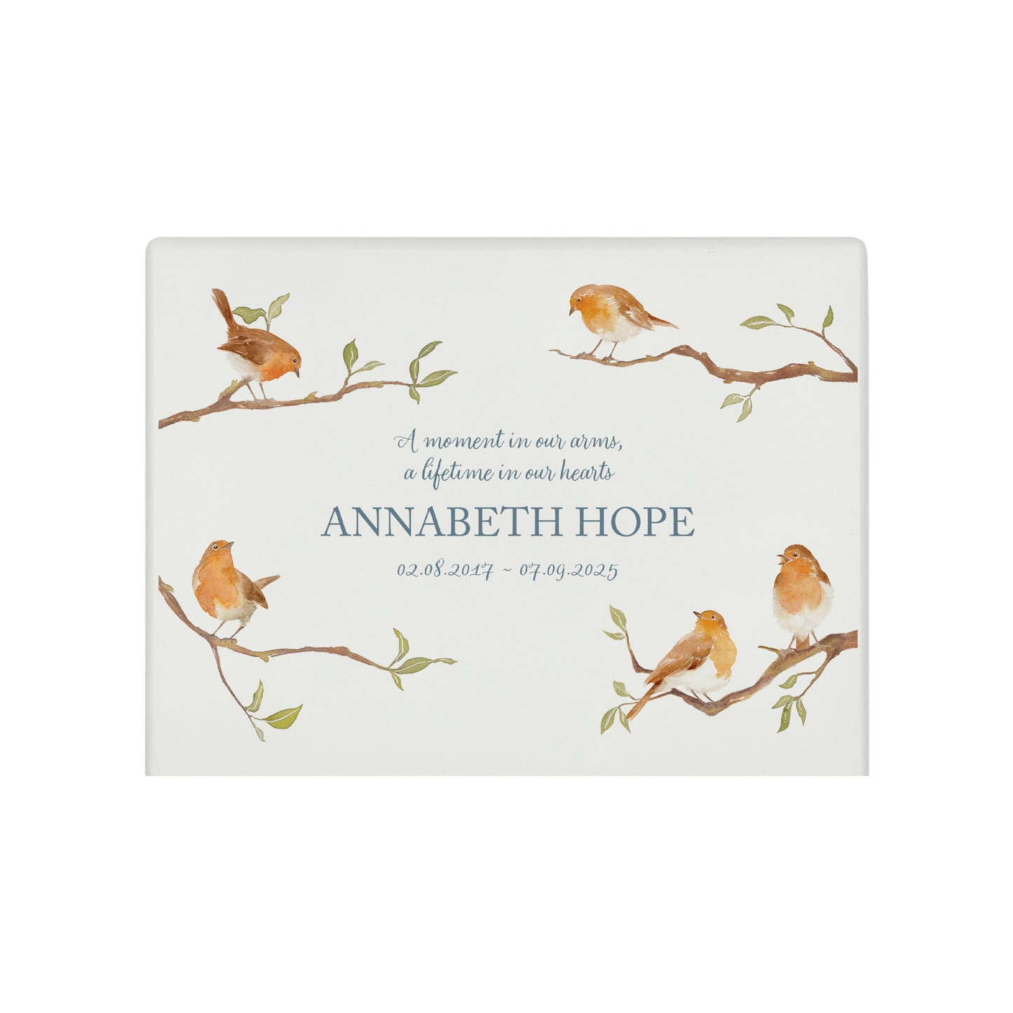 A beautifully crafted solid wooden urn, finished in white with a soft watercolour design of Robins on Branches, Thoughtfully made for either display or burial, this personalised urn can be customised to create a meaningful memorial. Perfect for holding ashes of a loved one or a beloved pet, it serves as a comforting tribute and keepsake.