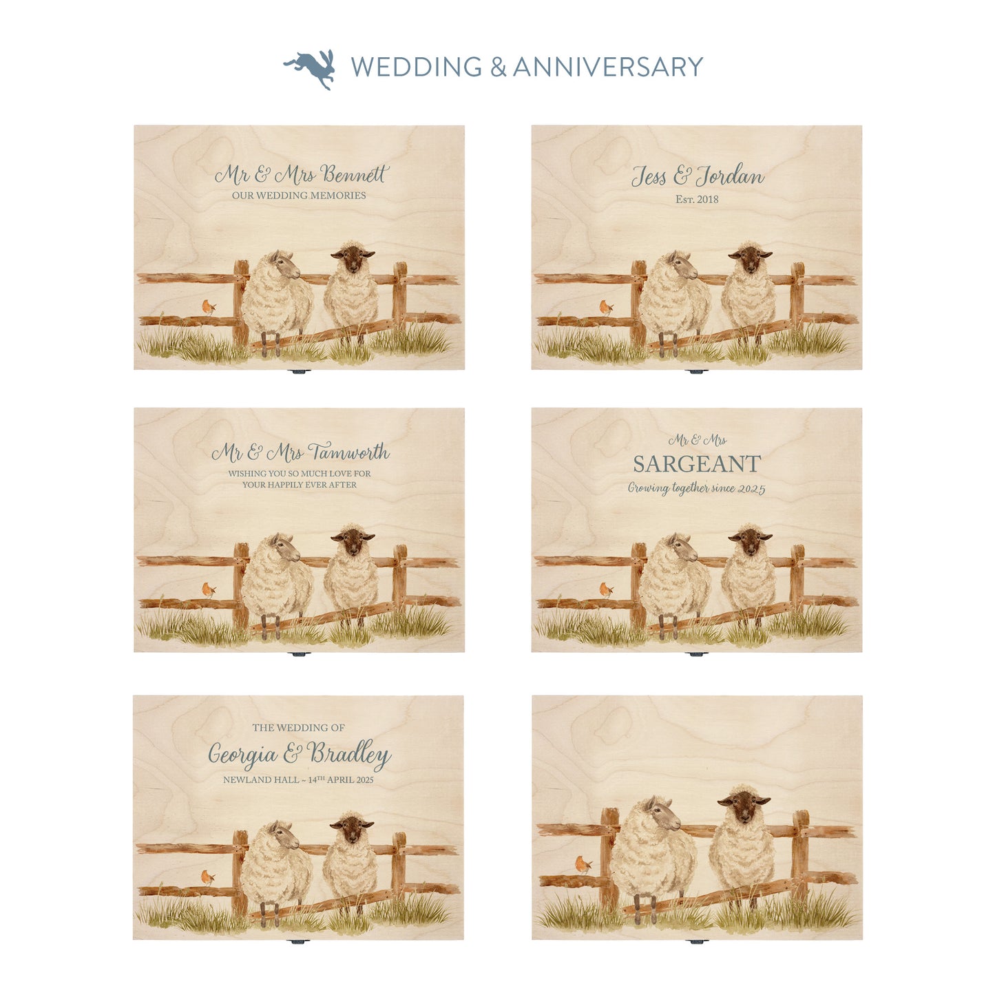 This shows our beautiful Large wooden & anniversary gift box with the various personalisation options you can choose to offer a truly customised present for a loved one. Couples names, Mr & Mrs, dates the options are endless.