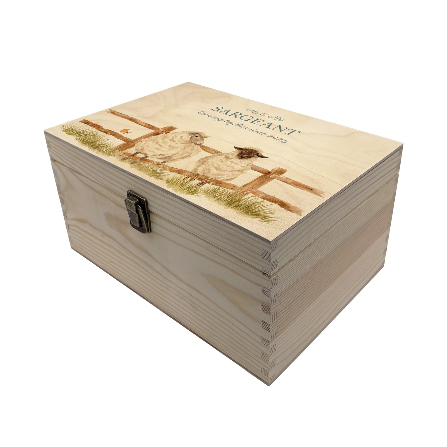 Medium wooden pine memory/wedding/anniversary gift box featuring a dreamy watercolour illustration of two Sheep side-by-side, perfect for celebrating a lasting bond.