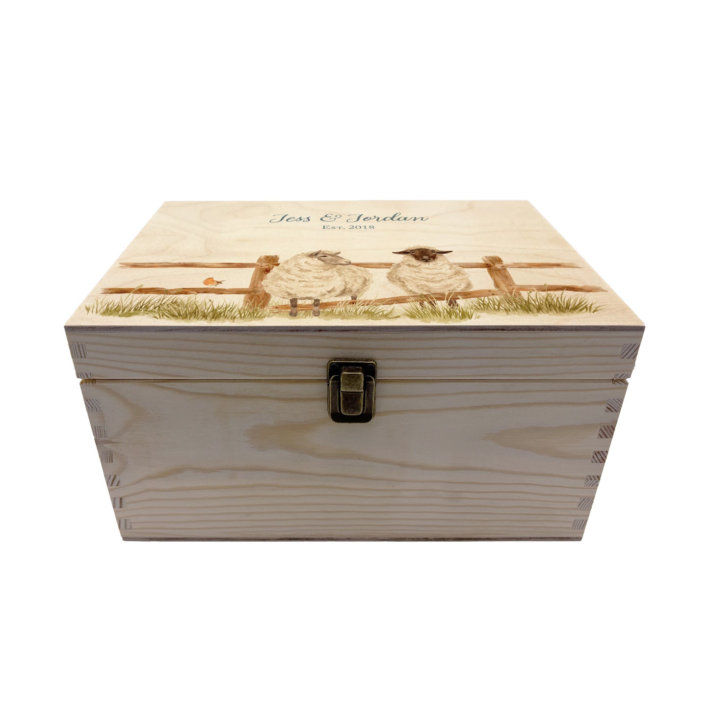 Medium wooden pine memory/wedding/anniversary gift box featuring a dreamy watercolour illustration of two Sheep side-by-side, perfect for celebrating a lasting bond.