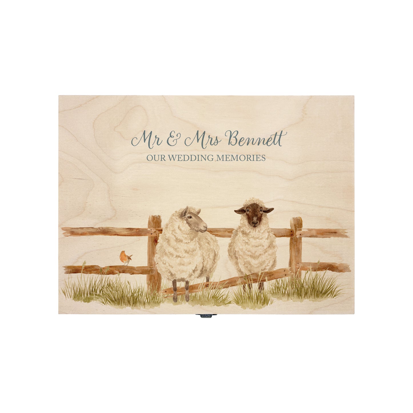 Medium wooden pine memory/wedding/anniversary gift box featuring a dreamy watercolour illustration of two Sheep side-by-side, perfect for celebrating a lasting bond.
