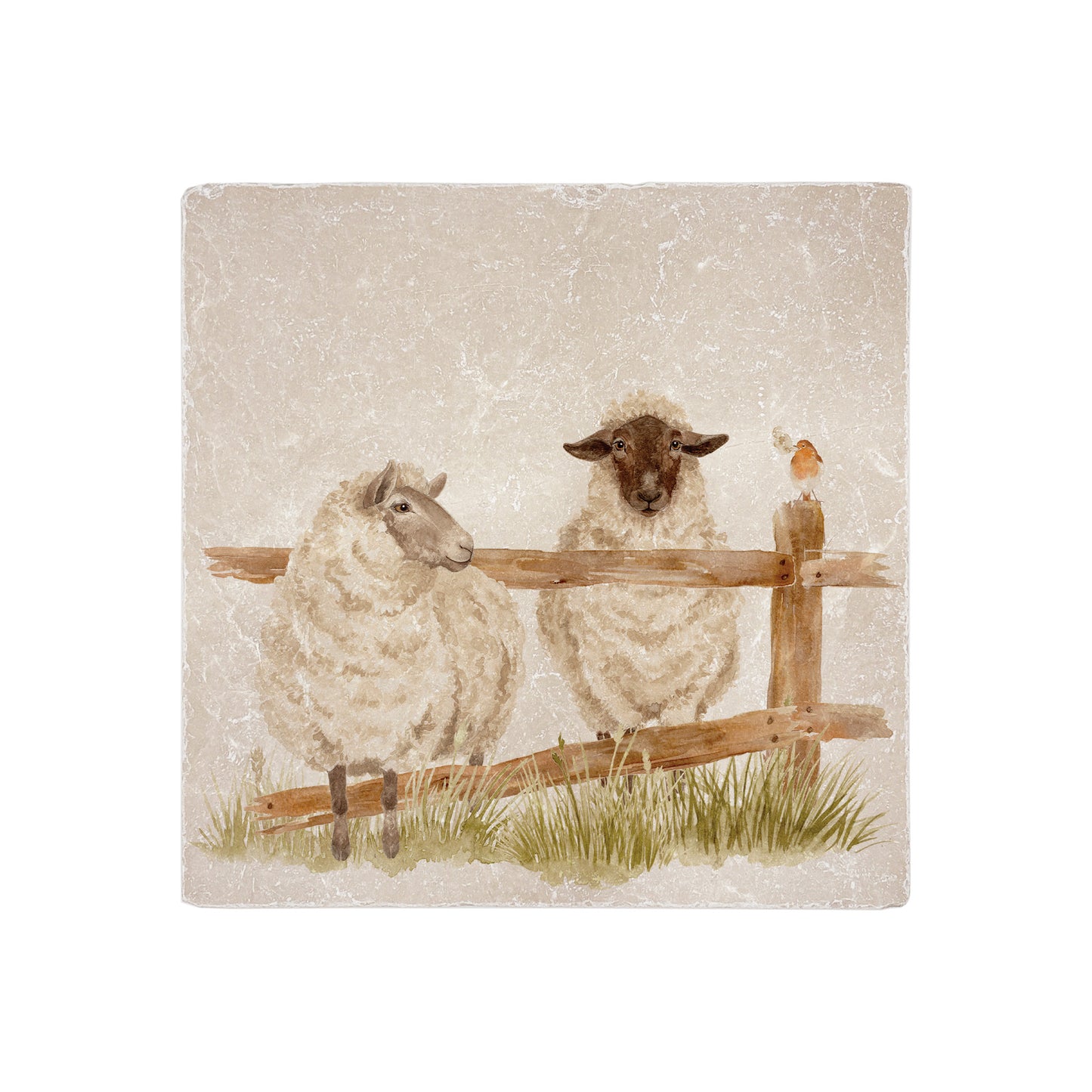 A handmade 20x20cm marble splashback tile featuring a watercolour countryside animal design of sheep escaping a field.
