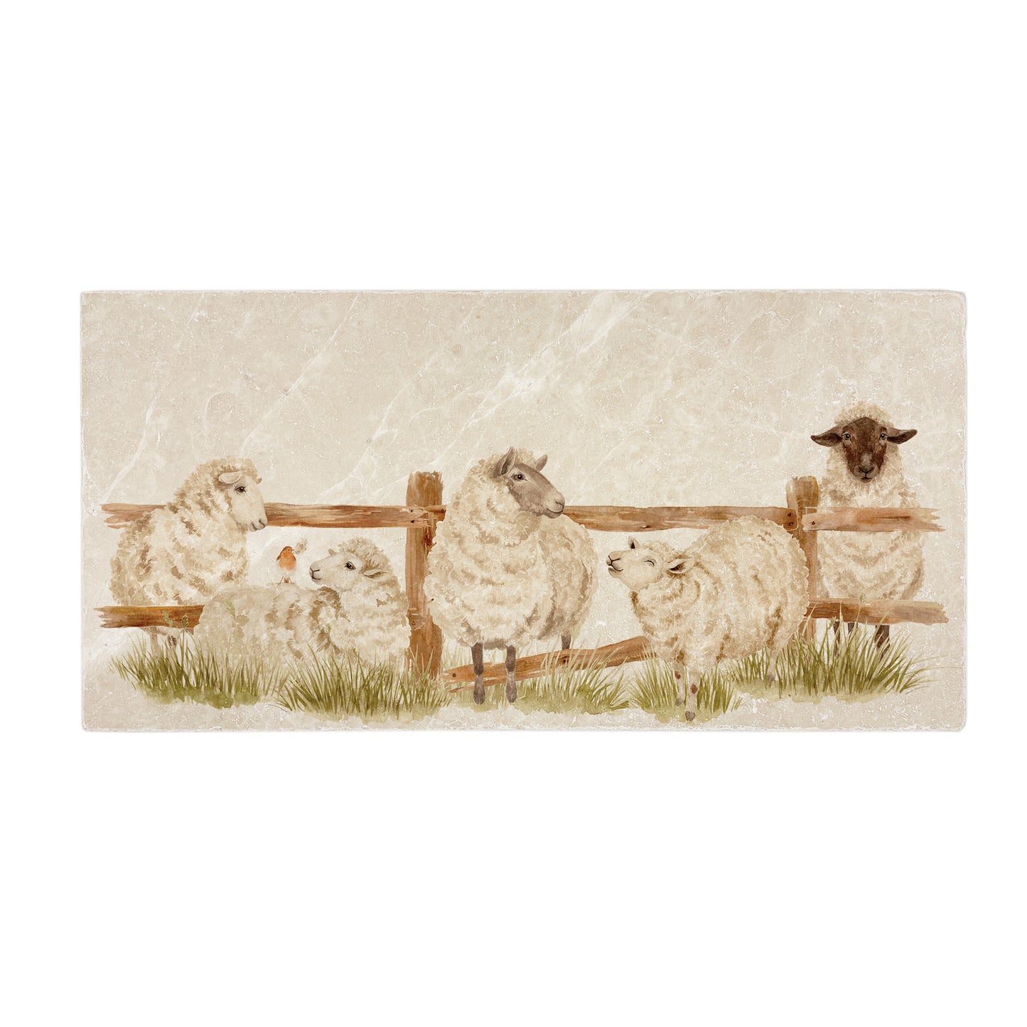 A handmade 20x40cm marble splashback tile featuring a watercolour countryside animal design of sheep escaping their field.