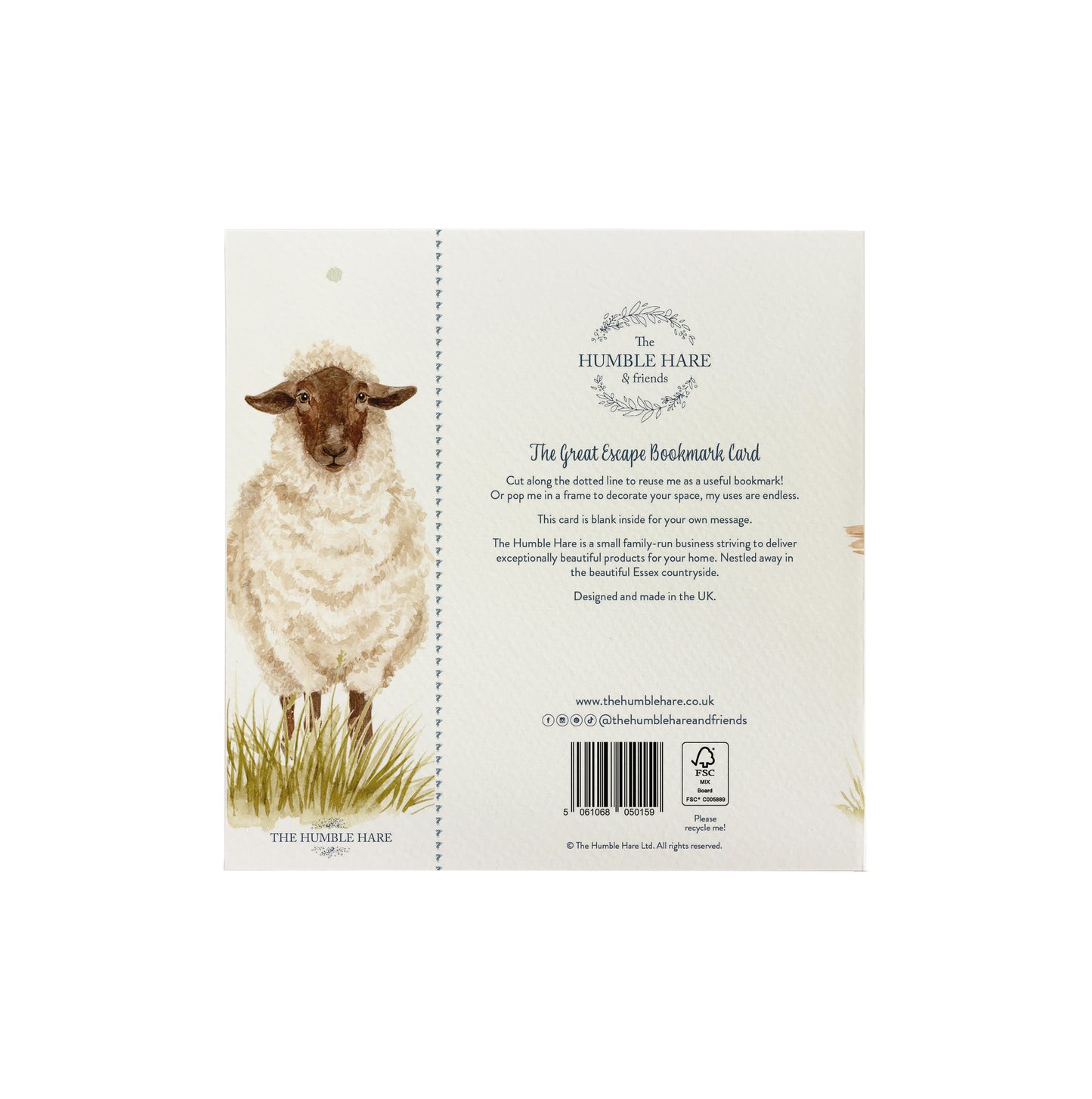 The back of a bookmark greetings card featuring a woolly sheep in a watercolour style. The back of the card shows The Humble Hare logo and that the card is FSC certified.