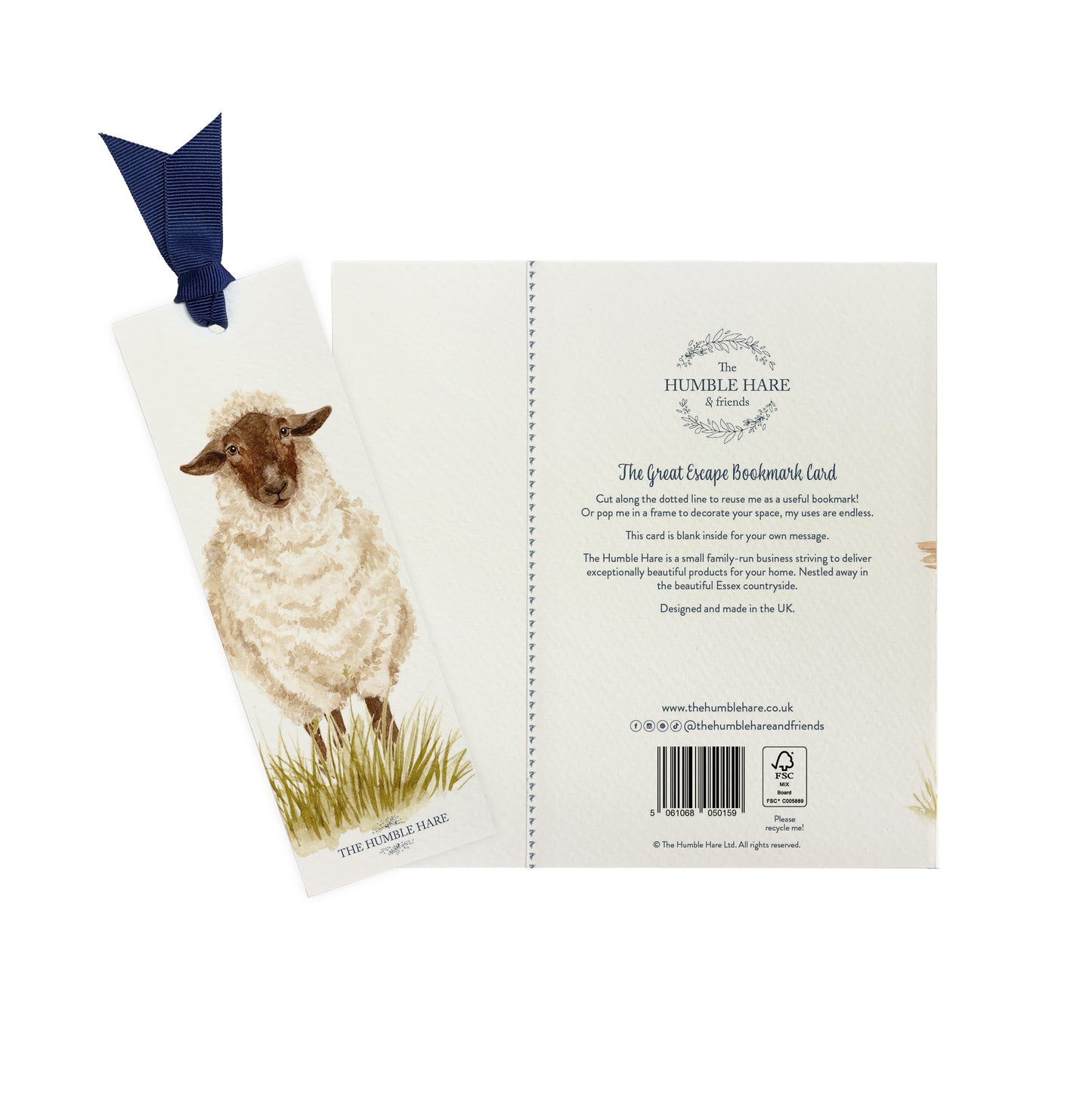 The back of a greetings card showing that it can be reused as a bookmark featuring a woolly sheep in a watercolour style.