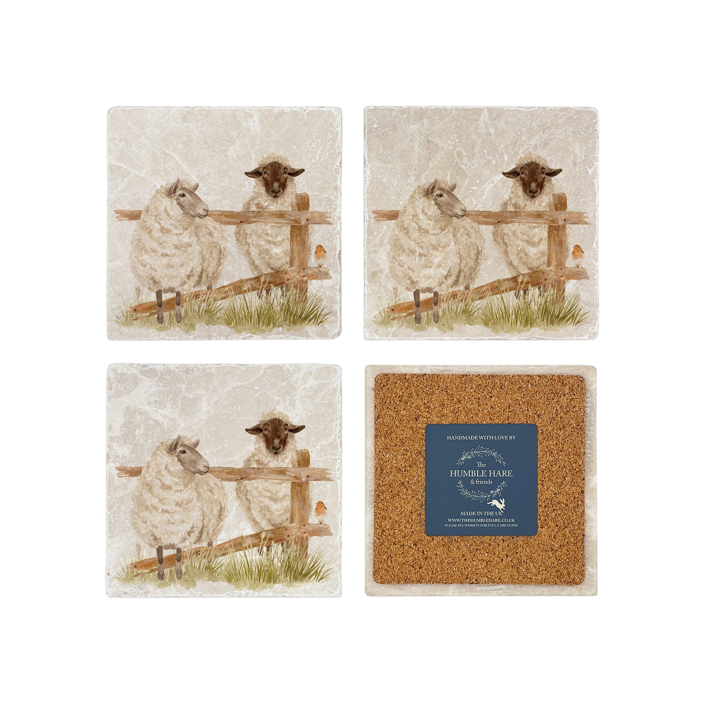 A set of 4 handmade marble coasters, featuring a watercolour sheep design. One coaster is flipped to show that the coasters are backed with cork.