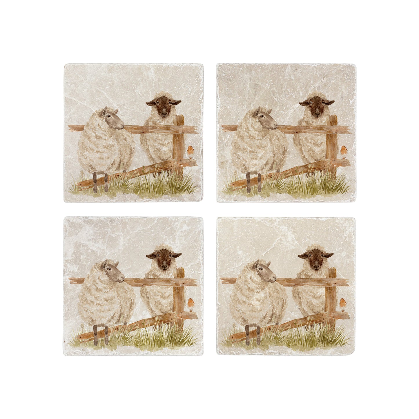 A set of 4 handmade marble coasters featuring a watercolour design of two sheep escaping from their field.