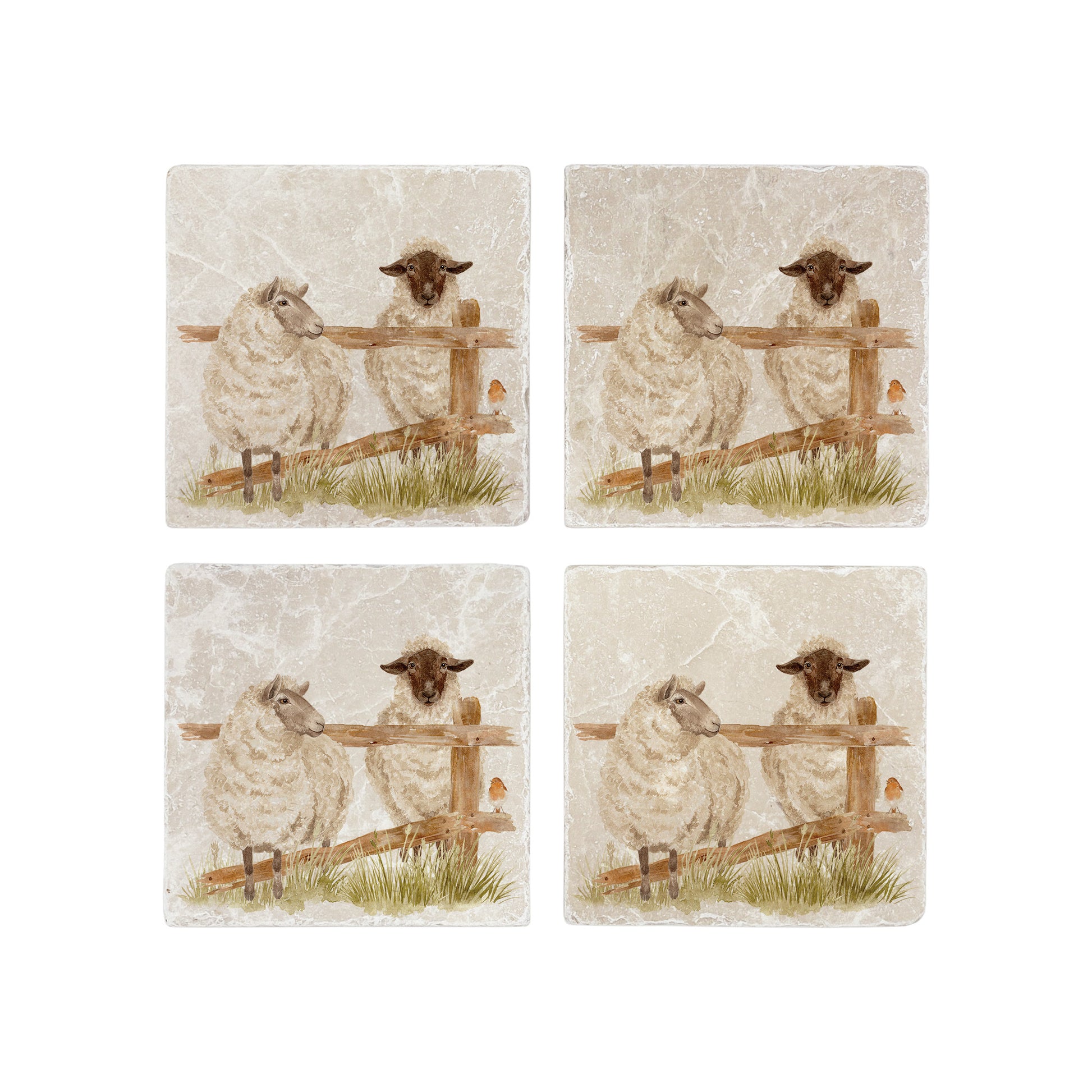 A set of 4 handmade marble coasters featuring a watercolour design of two sheep escaping from their field.