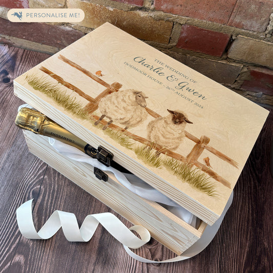 Large wooden pine memory/wedding/anniversary gift box featuring a dreamy watercolour illustration of two Sheep side-by-side, perfect for celebrating a lasting bond.