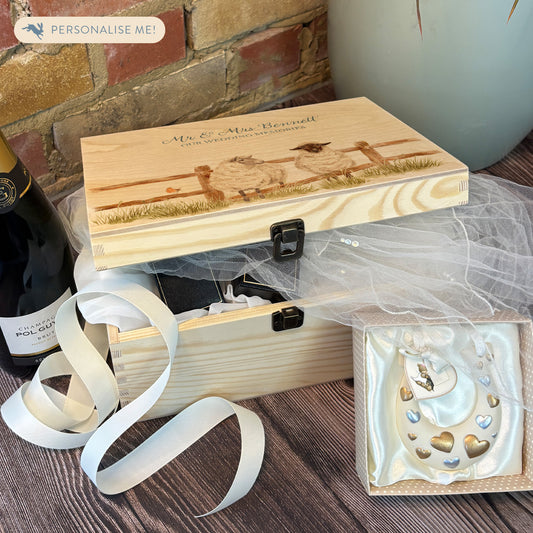 Medium wooden pine memory/wedding/anniversary gift box featuring a dreamy watercolour illustration of two Sheep side-by-side, perfect for celebrating a lasting bond.
