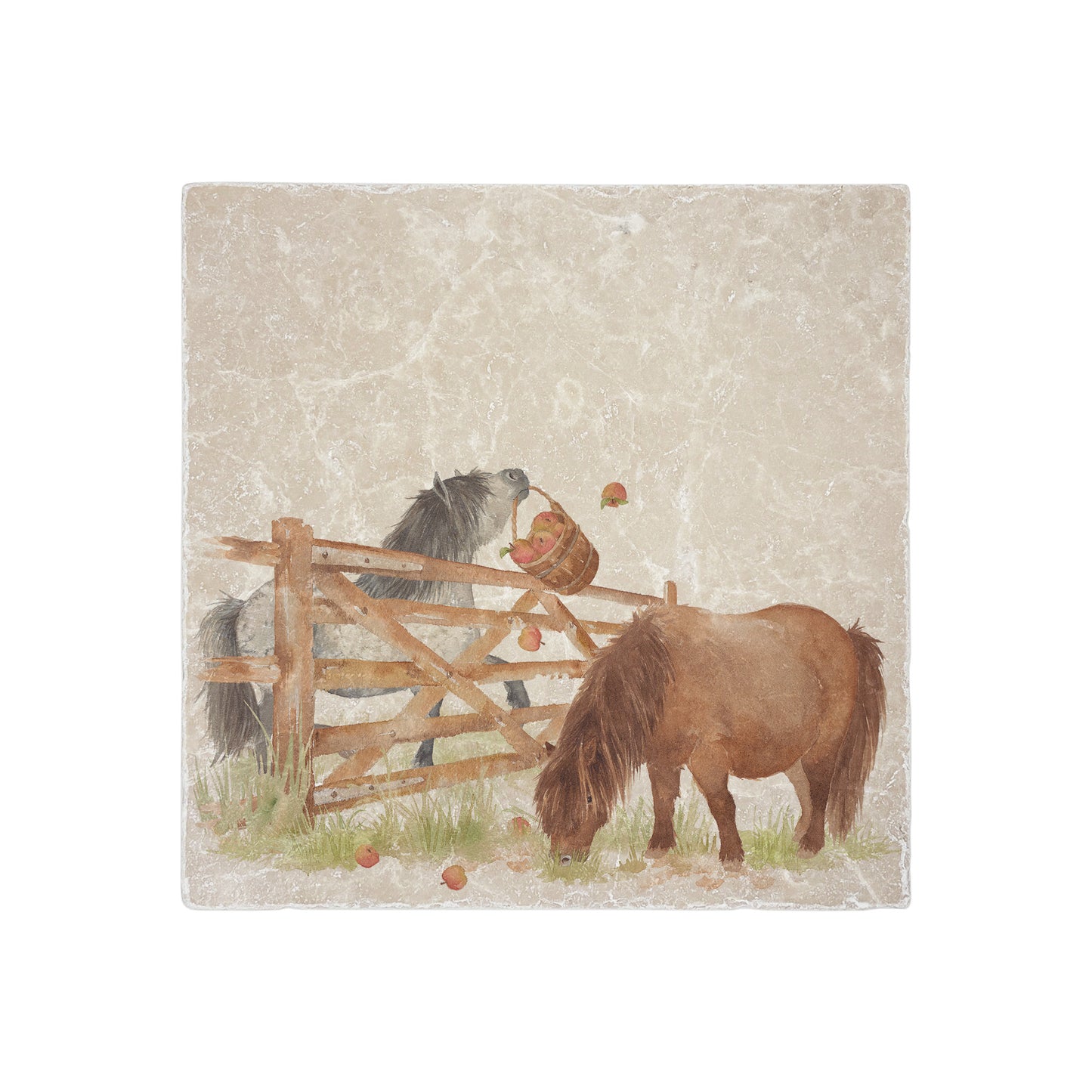 A handmade cream marble splashback tile featuring a watercolour countryside animal design of two naughty Shetland ponies.