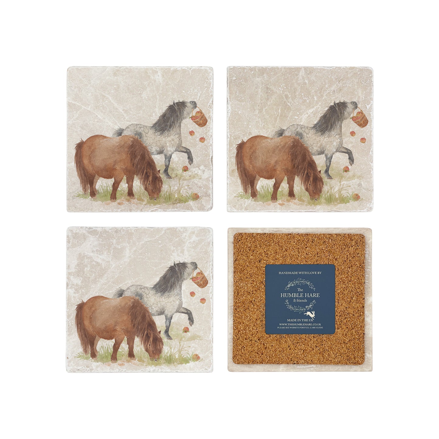 A set of 4 square marble coasters, featuring a watercolour design of cheeky Shetland ponies. One coaster is flipped to show that the coasters are backed with cork.
