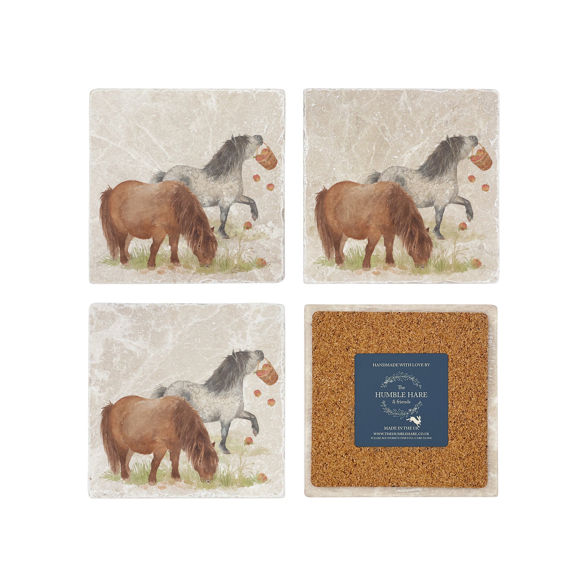 A set of 4 square marble coasters, featuring a watercolour design of cheeky Shetland ponies. One coaster is flipped to show that the coasters are backed with cork.