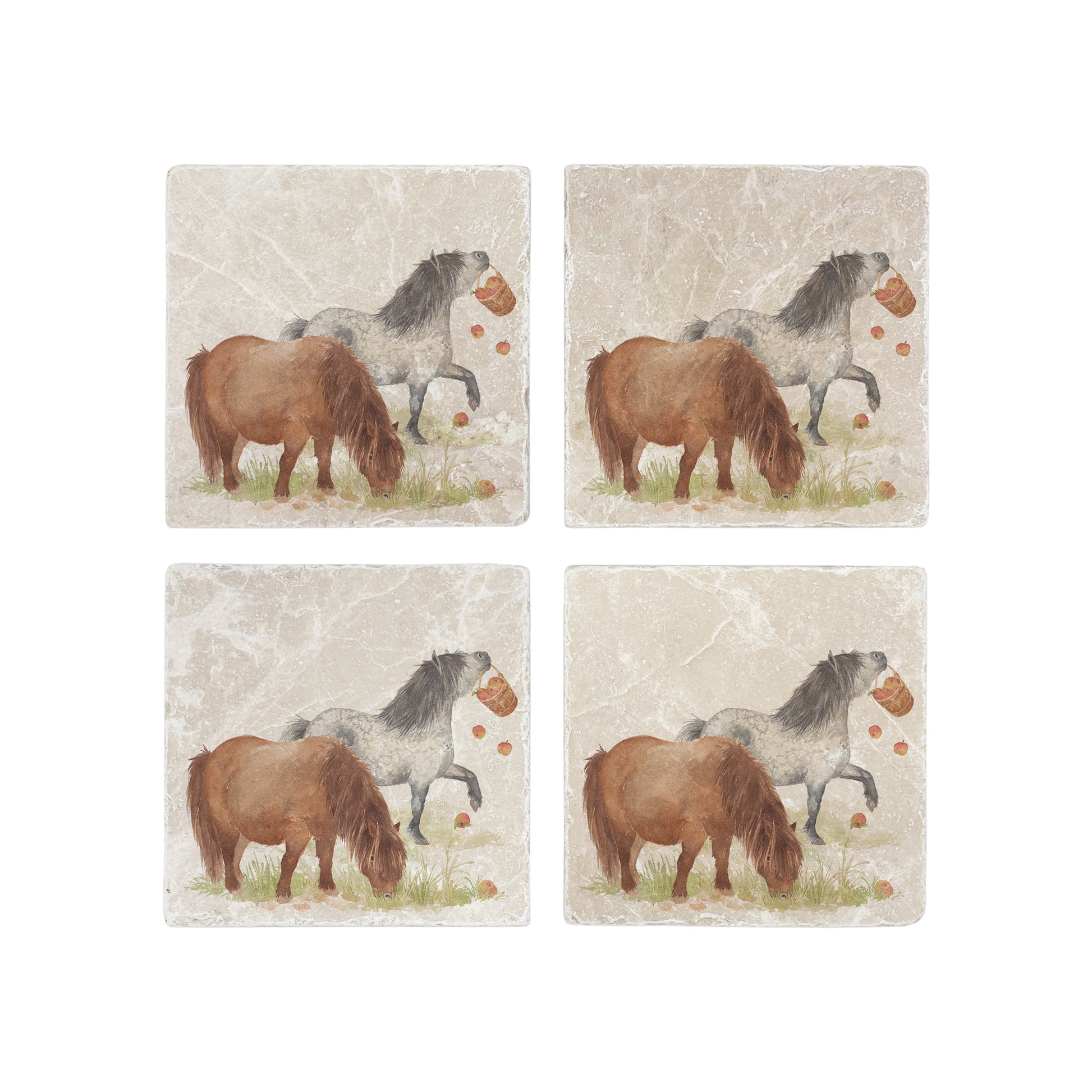 A set of 4 square marble coasters, featuring a watercolour design of two cheeky Shetland ponies stealing apples.