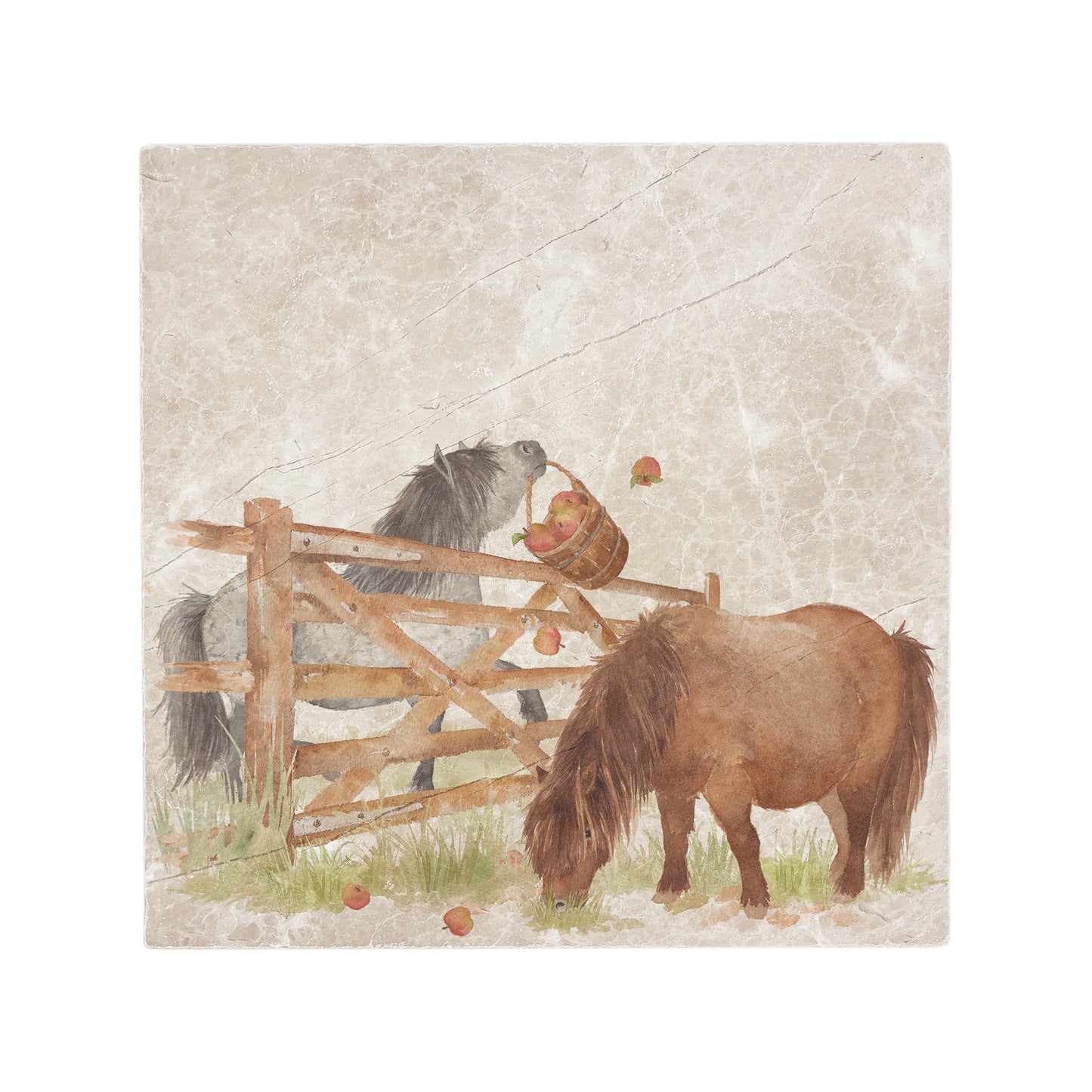 A handmade square cream marble splashback tile featuring a watercolour design of naughty Shetland ponies stealing apples.