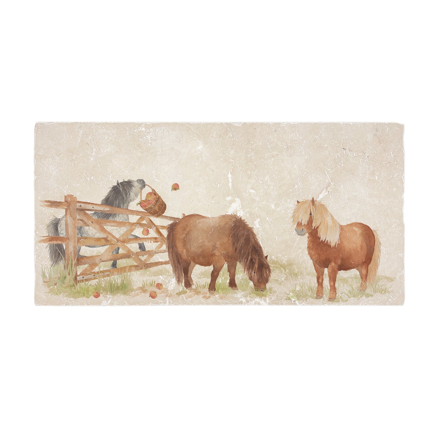 A 20x40cm marble splashback tile, featuring a watercolour design of naughty Shetland ponies stealing apples.