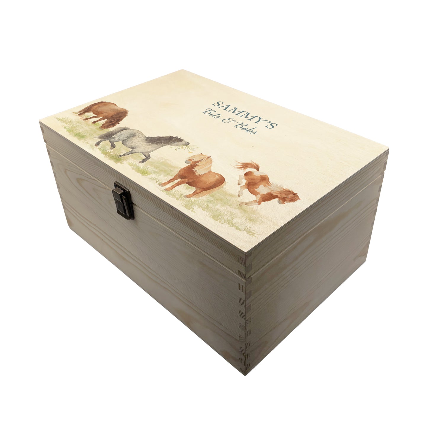 Large wooden pine gift box, The perfect Personalised keepsake, memory box, storage box with a gentle watercolour Shetland ponies in a field.
