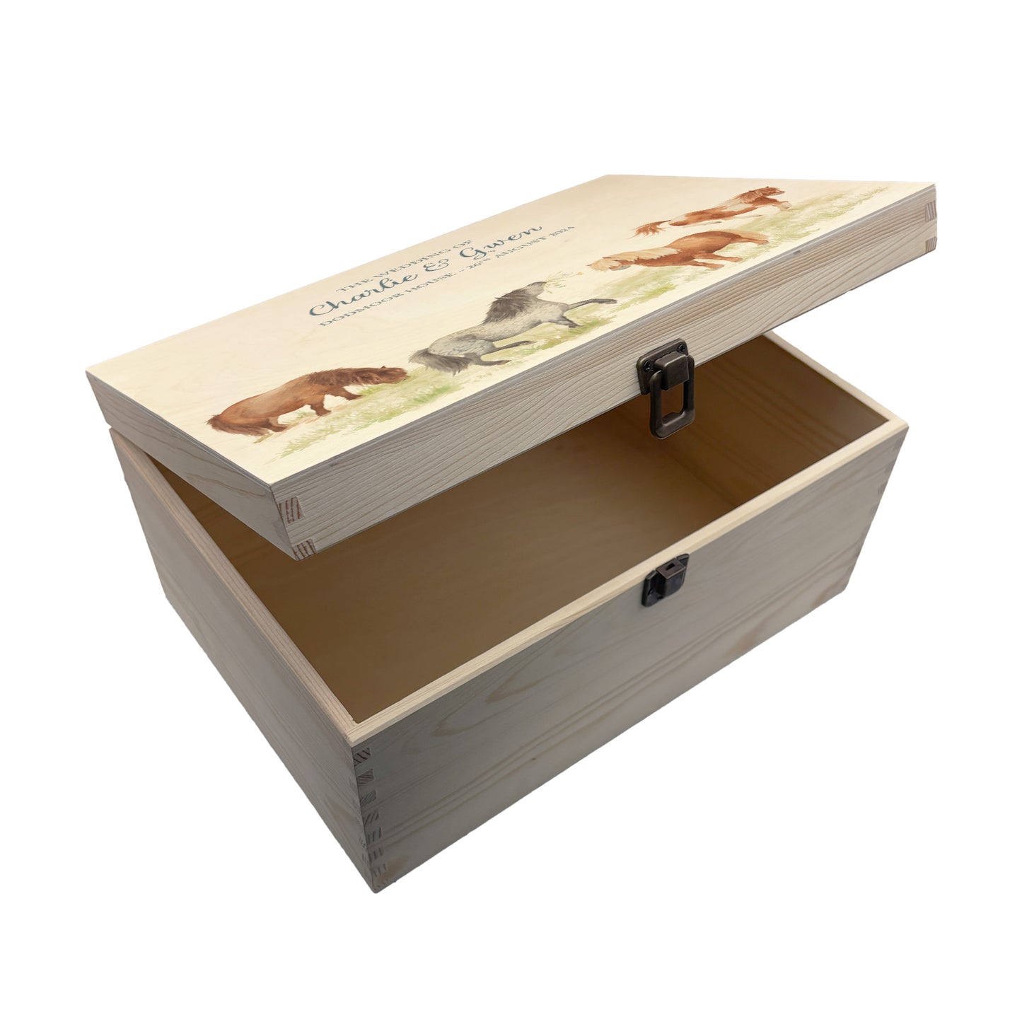 Large wooden pine gift box, The perfect Personalised keepsake, memory box, storage box with a gentle watercolour Shetland ponies in a field.