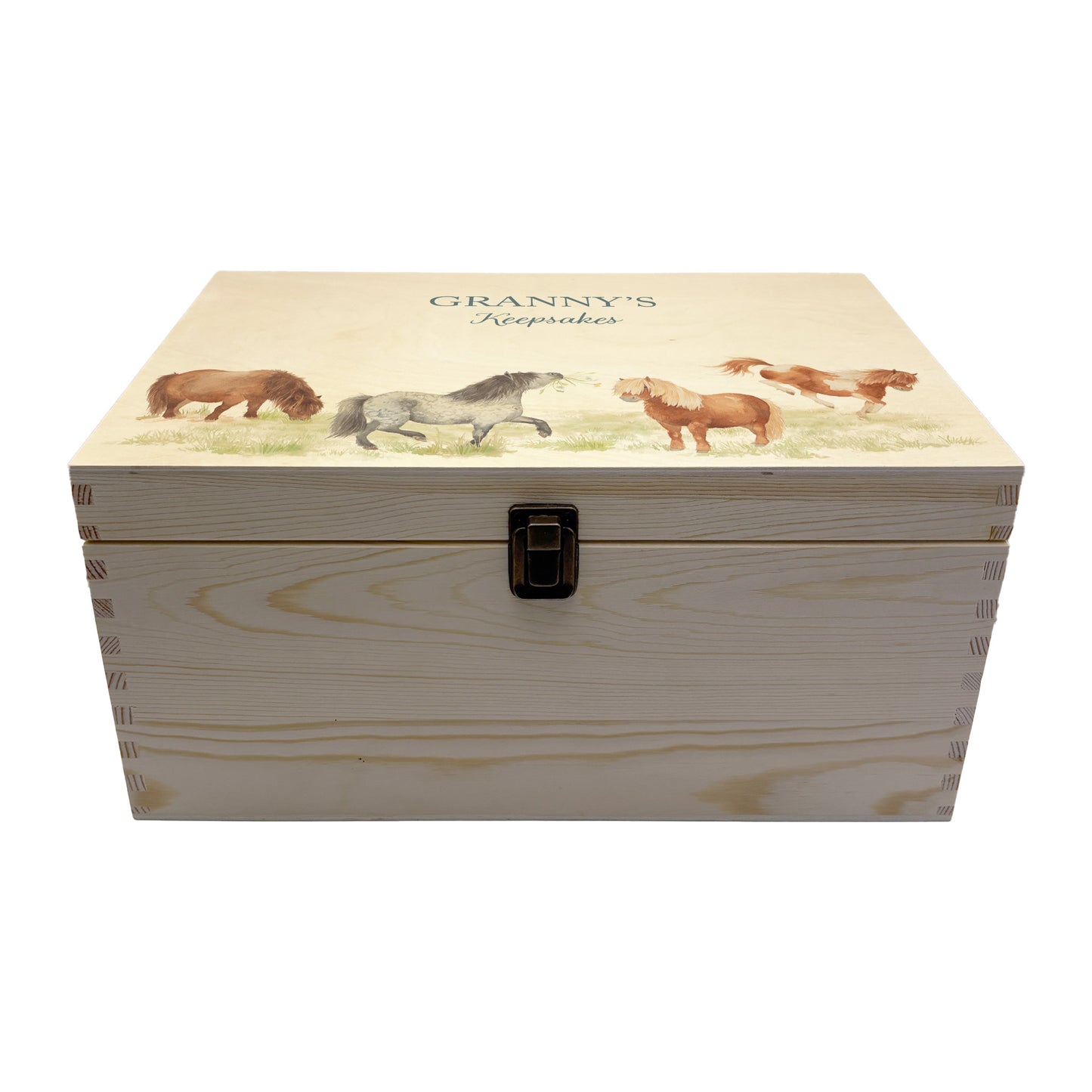 Large wooden pine gift box, The perfect Personalised keepsake, memory box, storage box with a gentle watercolour Shetland ponies in a field.