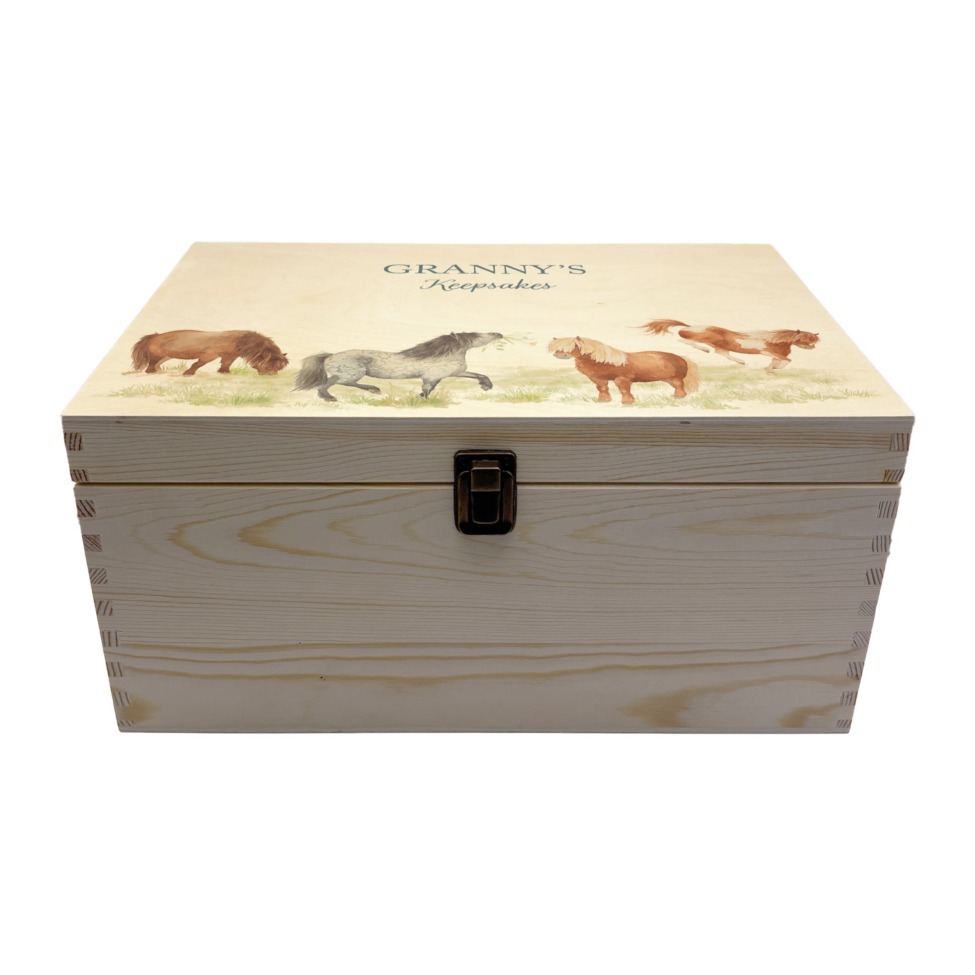 Large wooden pine gift box, The perfect Personalised keepsake, memory box, storage box with a gentle watercolour Shetland ponies in a field.