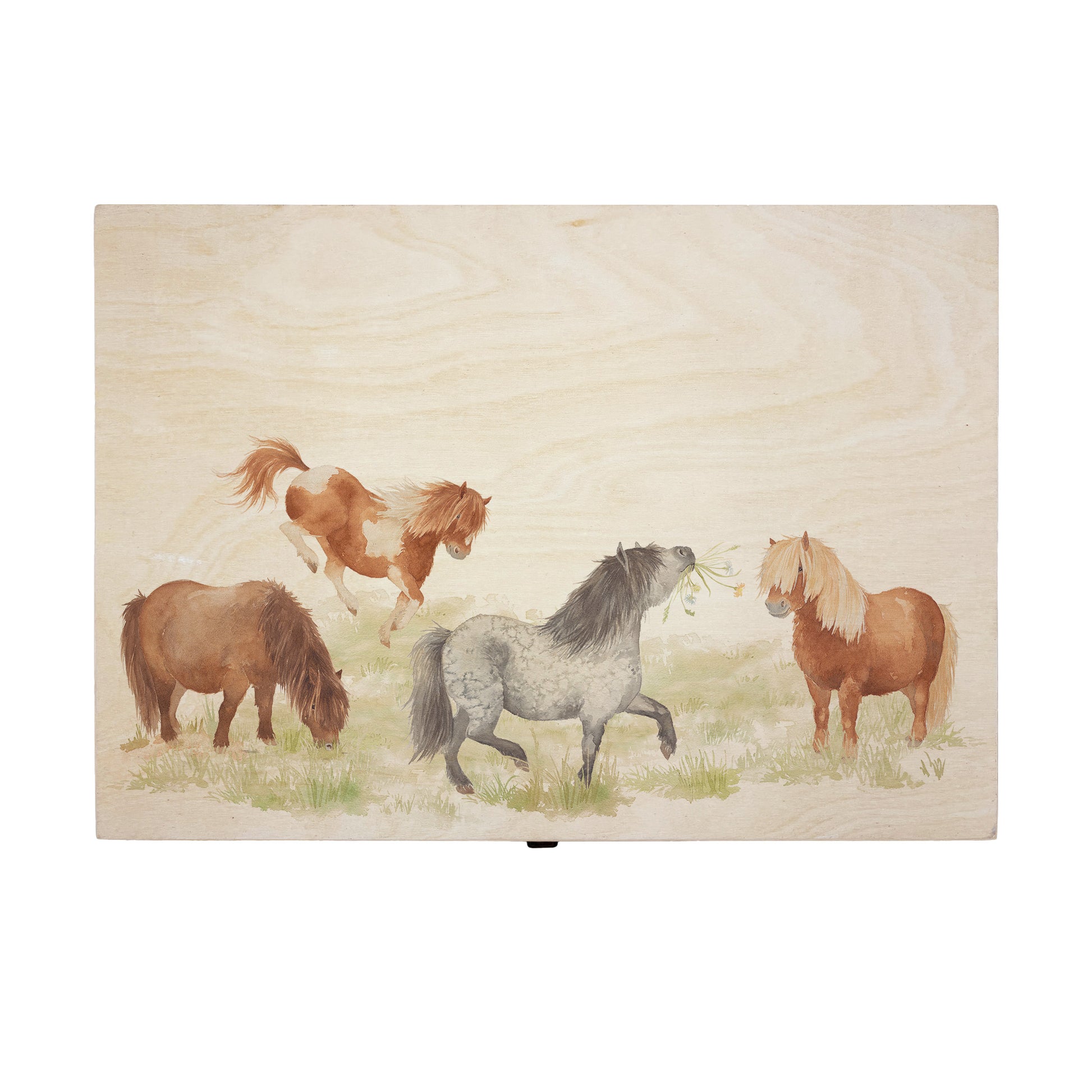 Large wooden pine gift box, The perfect Personalised keepsake, memory box, storage box with a gentle watercolour Shetland ponies in a field.