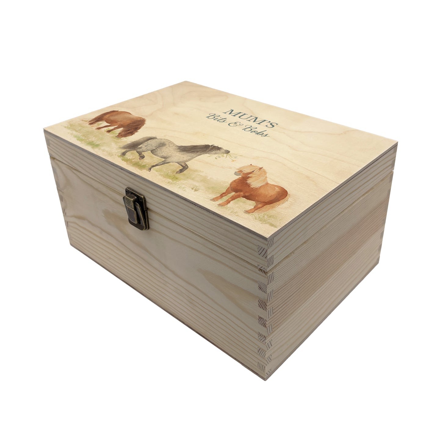 Medium wooden pine gift box, The perfect Personalised keepsake, memory box, storage box with a gentle watercolour Shetland ponies in a field.