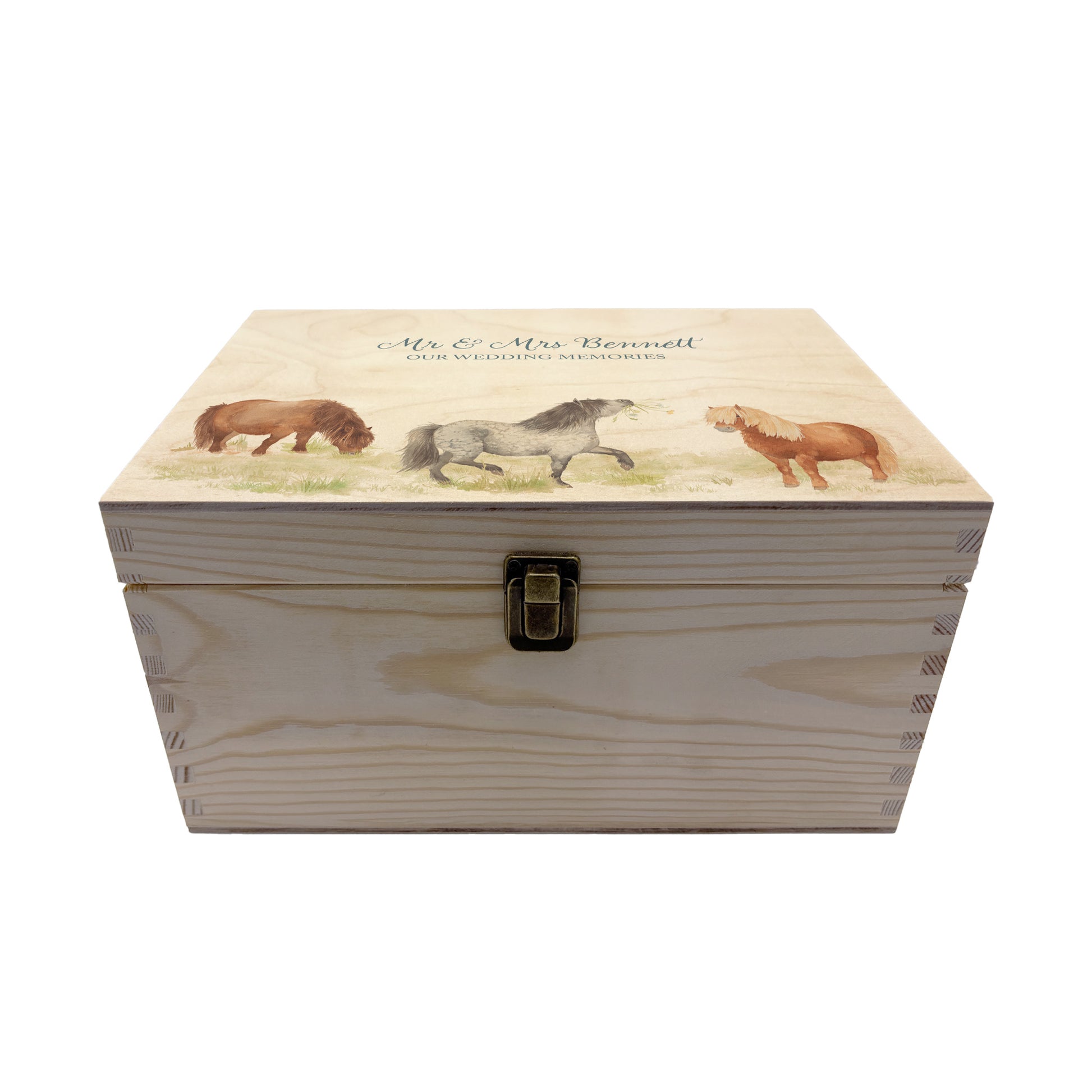 Medium wooden pine gift box, The perfect Personalised keepsake, memory box, storage box with a gentle watercolour Shetland ponies in a field.
