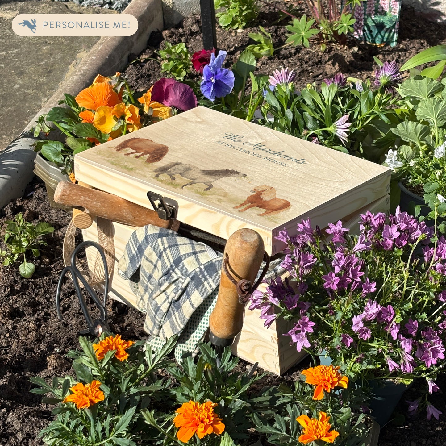 Medium wooden pine gift box, The perfect Personalised keepsake, memory box, storage box with a gentle watercolour Shetland ponies in a field. great wooden keepsake box to store your gardening tools and equipment, a great multipurpose storage solution.