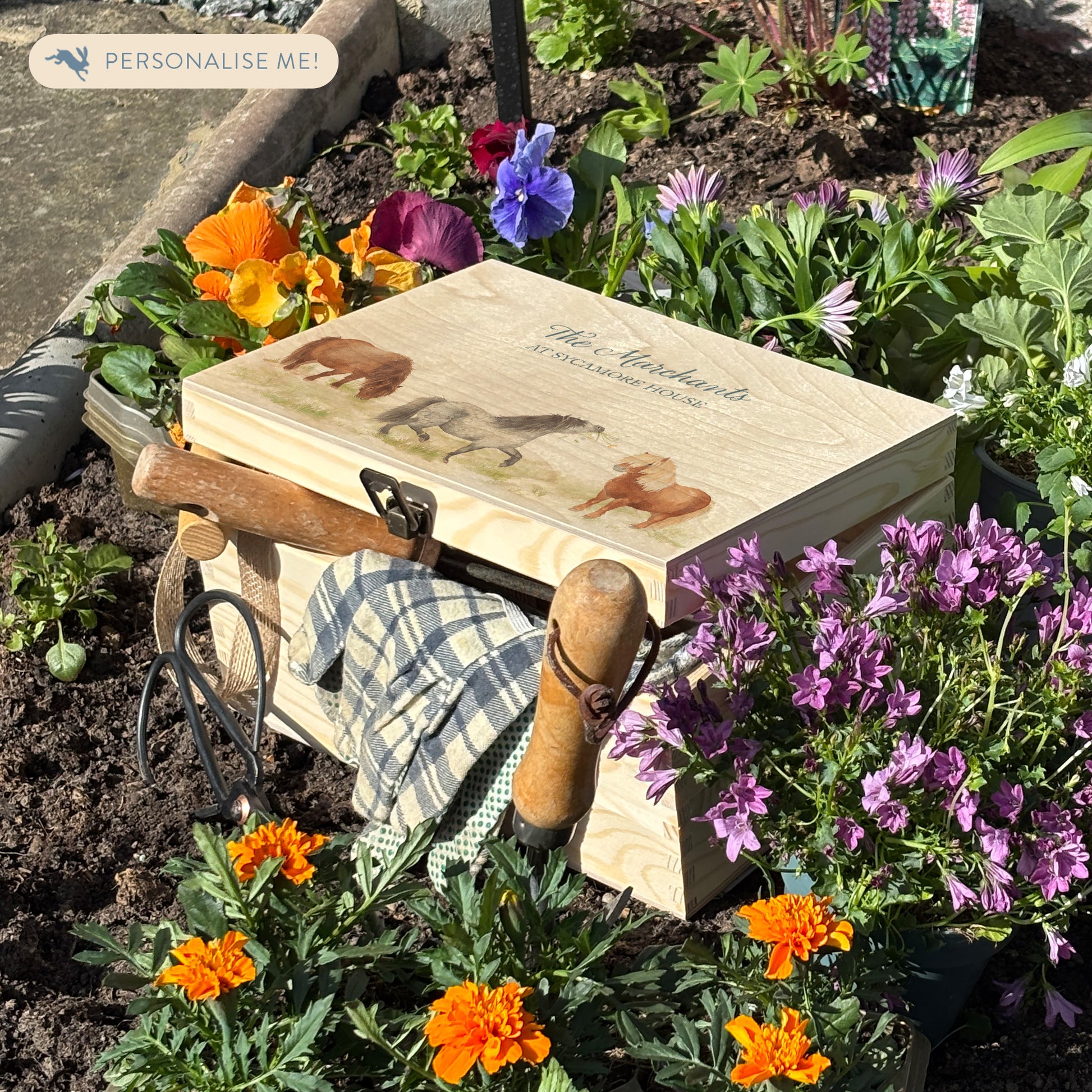 Medium wooden pine gift box, The perfect Personalised keepsake, memory box, storage box with a gentle watercolour Shetland ponies in a field. great wooden keepsake box to store your gardening tools and equipment, a great multipurpose storage solution.