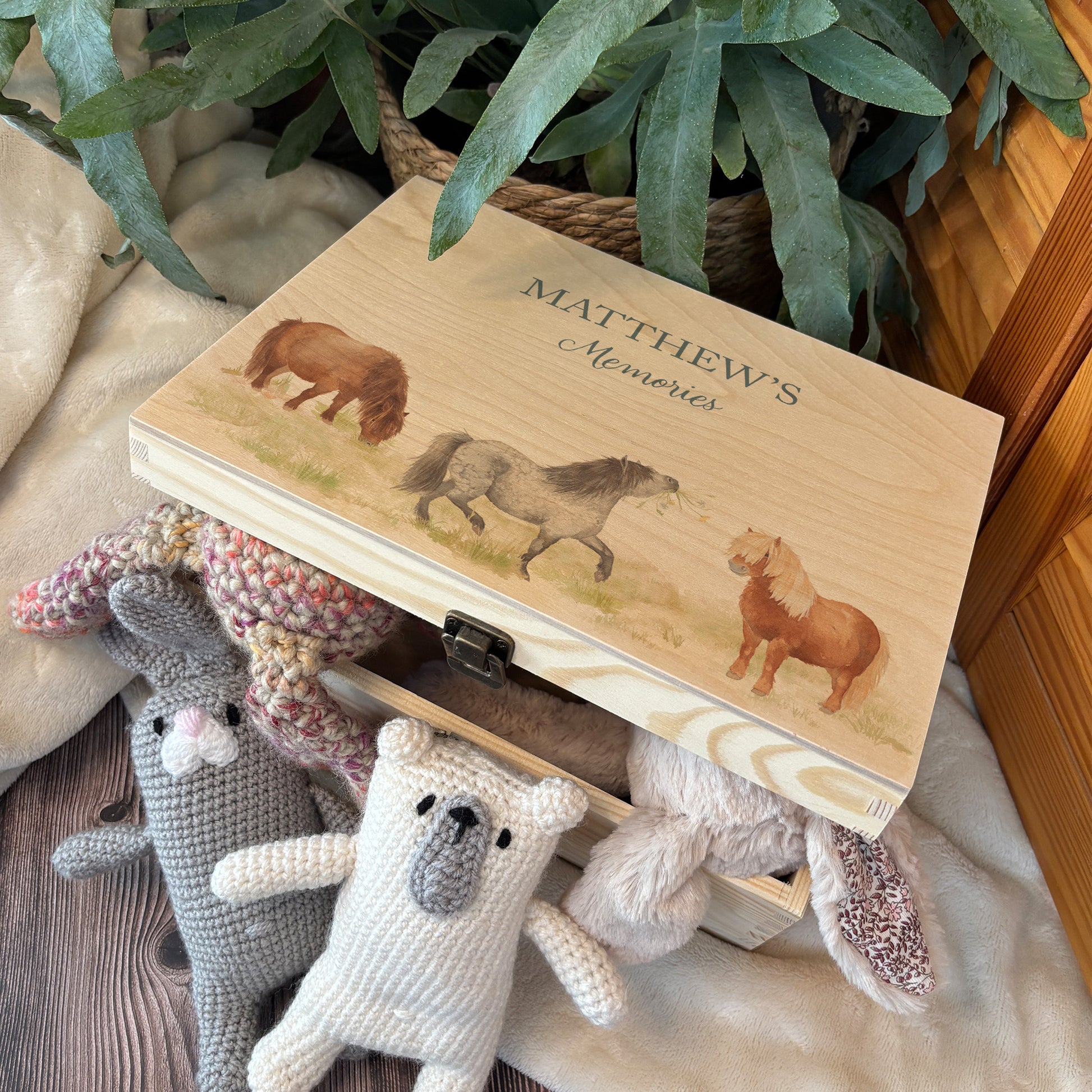Large wooden pine gift box, The perfect Personalised keepsake, memory box, storage box with a gentle watercolour Shetland ponies in a field. Great for storing bits & bobs, gardening tools, gloves, perfect ay to get organised and great storage.