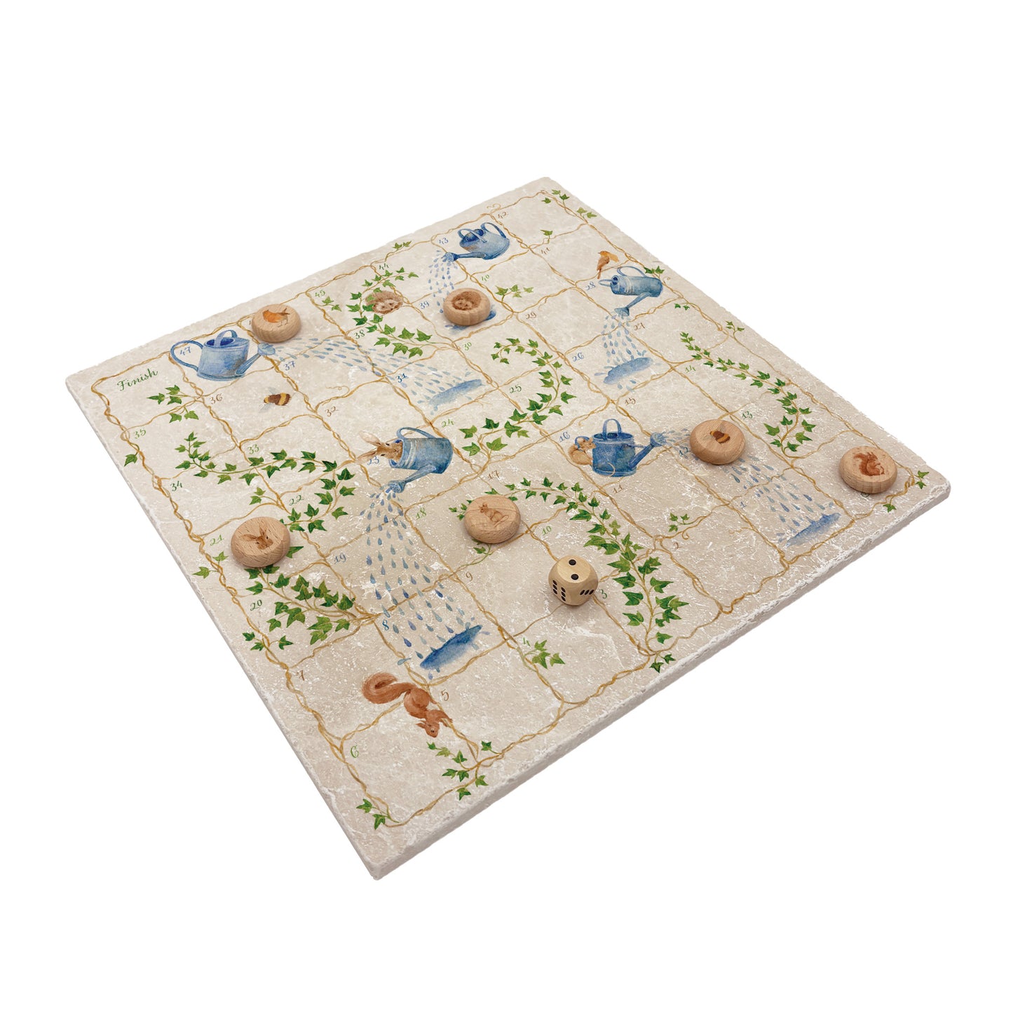 Luxury Snakes and Ladders board game handcrafted from natural marble stone, showcasing intricate detailing and timeless craftsmanship. Elegant handmade marble snakes and ladders game that doubles as a decorative o statement piece or table protector with beautiful Echo friendly packaging. This unique game features hares a squirrel Hedgehog, Bee, Robin and a mouse. these stunning illustrations are of the countryside that inspires us.