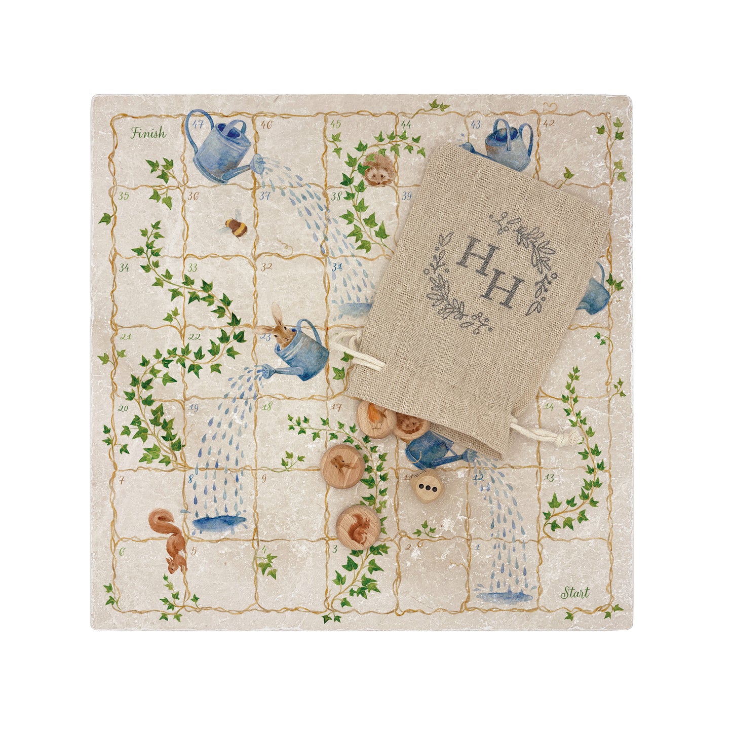 Luxury Snakes and Ladders board game handcrafted from natural marble stone, showcasing intricate detailing and timeless craftsmanship. Elegant handmade marble snakes and ladders game that doubles as a decorative o statement piece or table protector with beautiful Echo friendly packaging. This unique game features hares a squirrel Hedgehog, Bee, Robin and a mouse. these stunning illustrations are of the countryside that inspires us.