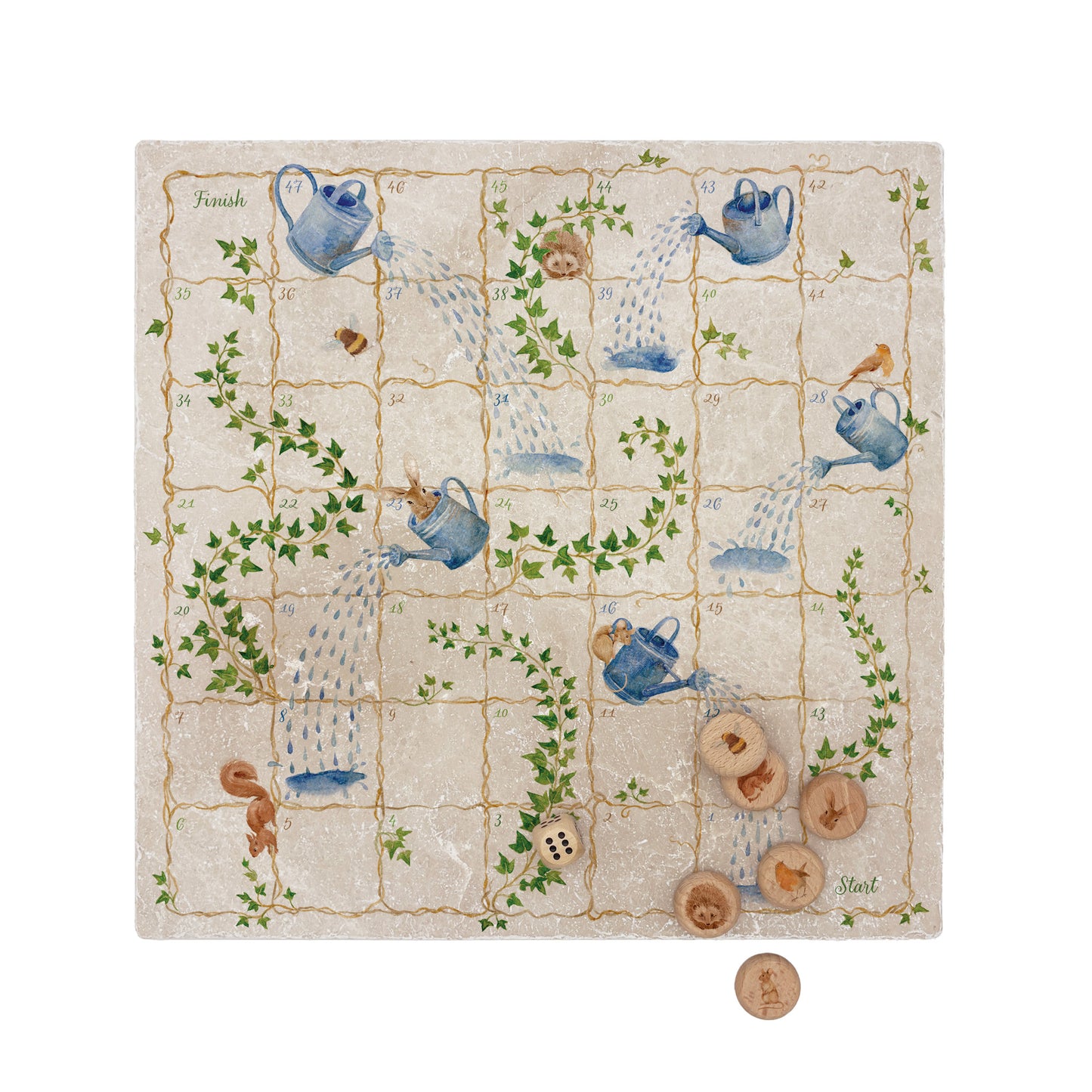 Luxury Snakes and Ladders board game handcrafted from natural marble stone, showcasing intricate detailing and timeless craftsmanship. Elegant handmade marble snakes and ladders game that doubles as a decorative o statement piece or table protector with beautiful Echo friendly packaging. This unique game features hares a squirrel Hedgehog, Bee, Robin and a mouse. these stunning illustrations are of the countryside that inspires us.