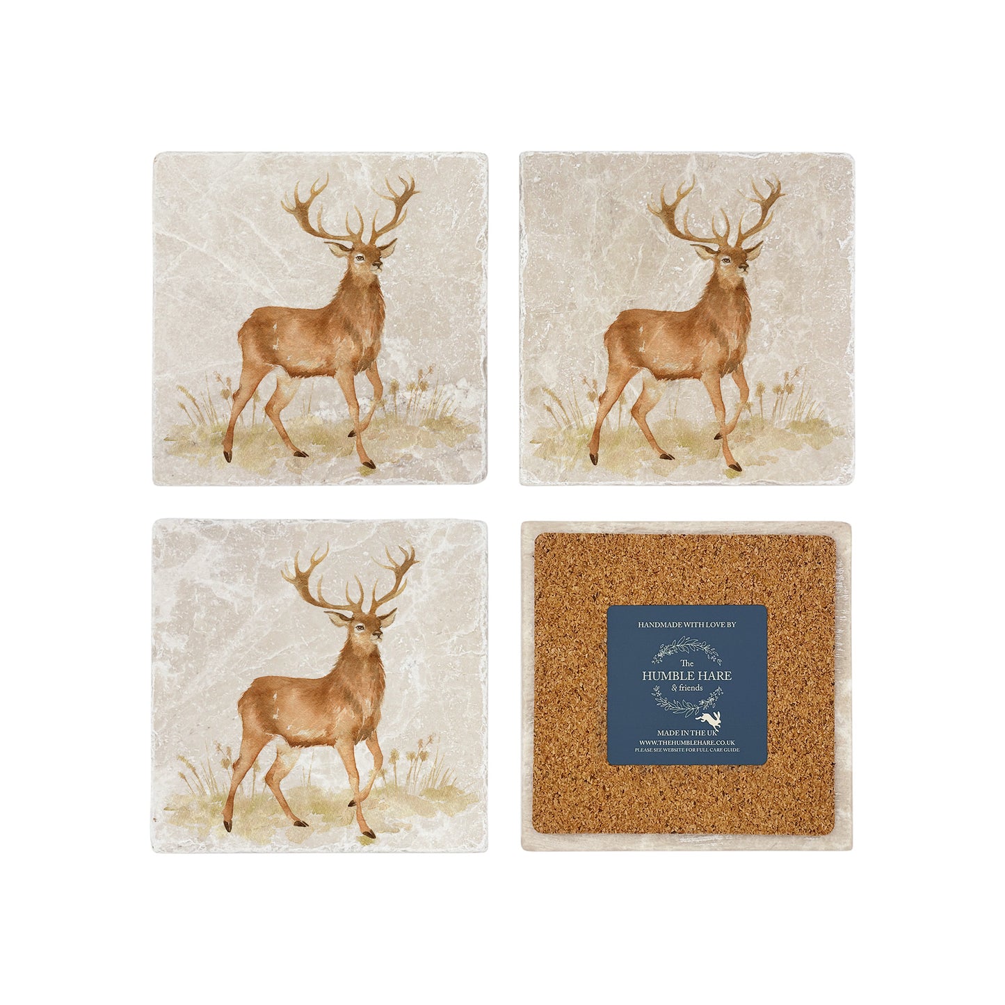 A set of 4 marble coasters featuring a noble stag roaming the highlands. One coaster is flipped to show the coasters are backed with cork.