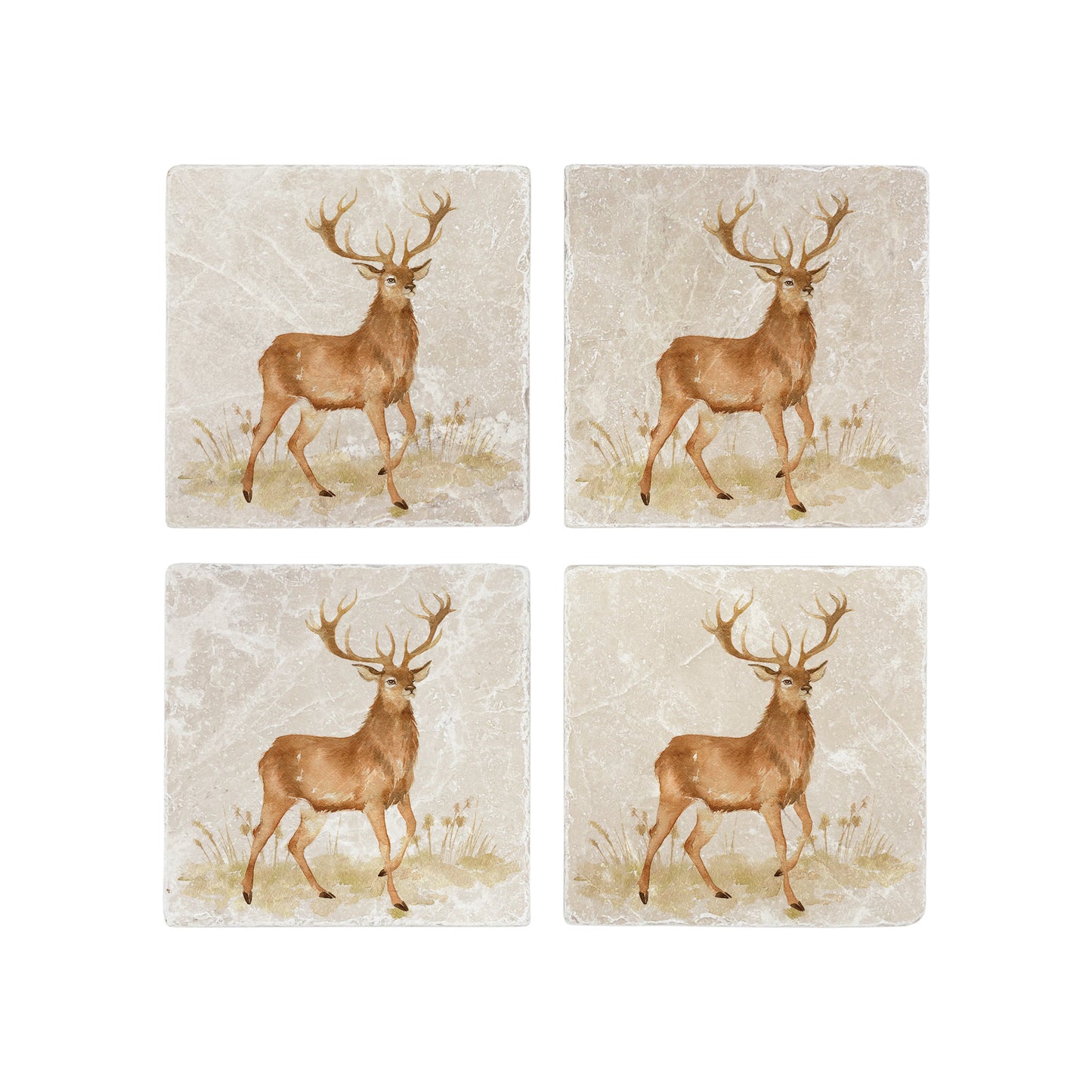 A set of 4 marble coasters featuring a noble stag roaming the highlands.