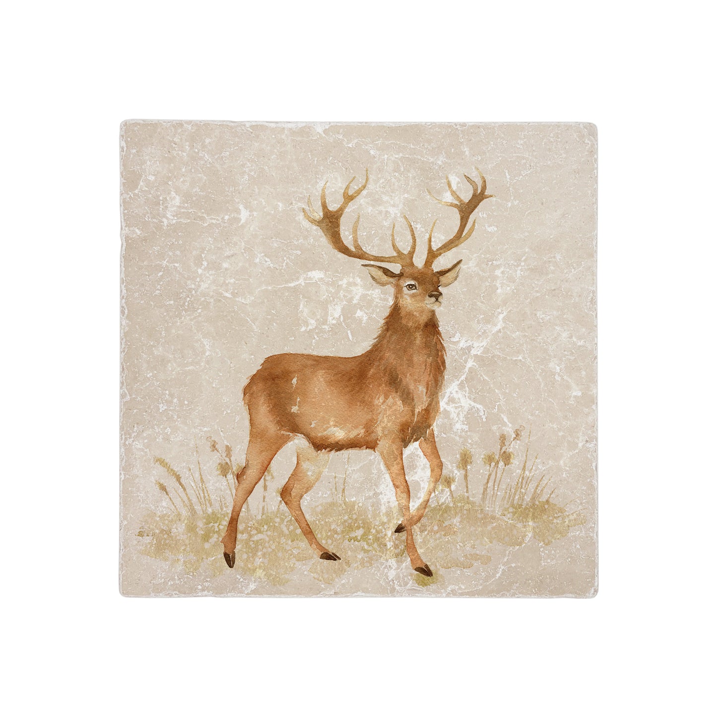 A square medium marble platter featuring a majestic stag in a watercolour style.