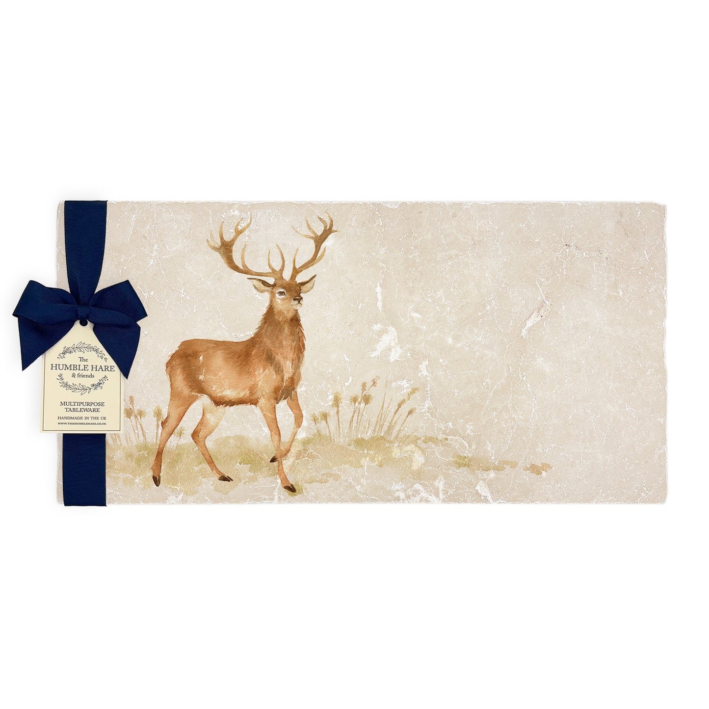 A handmade marble sharing platter featuring a majestic stag in a watercolour style, packaged with a luxurious blue bow and gift tag.